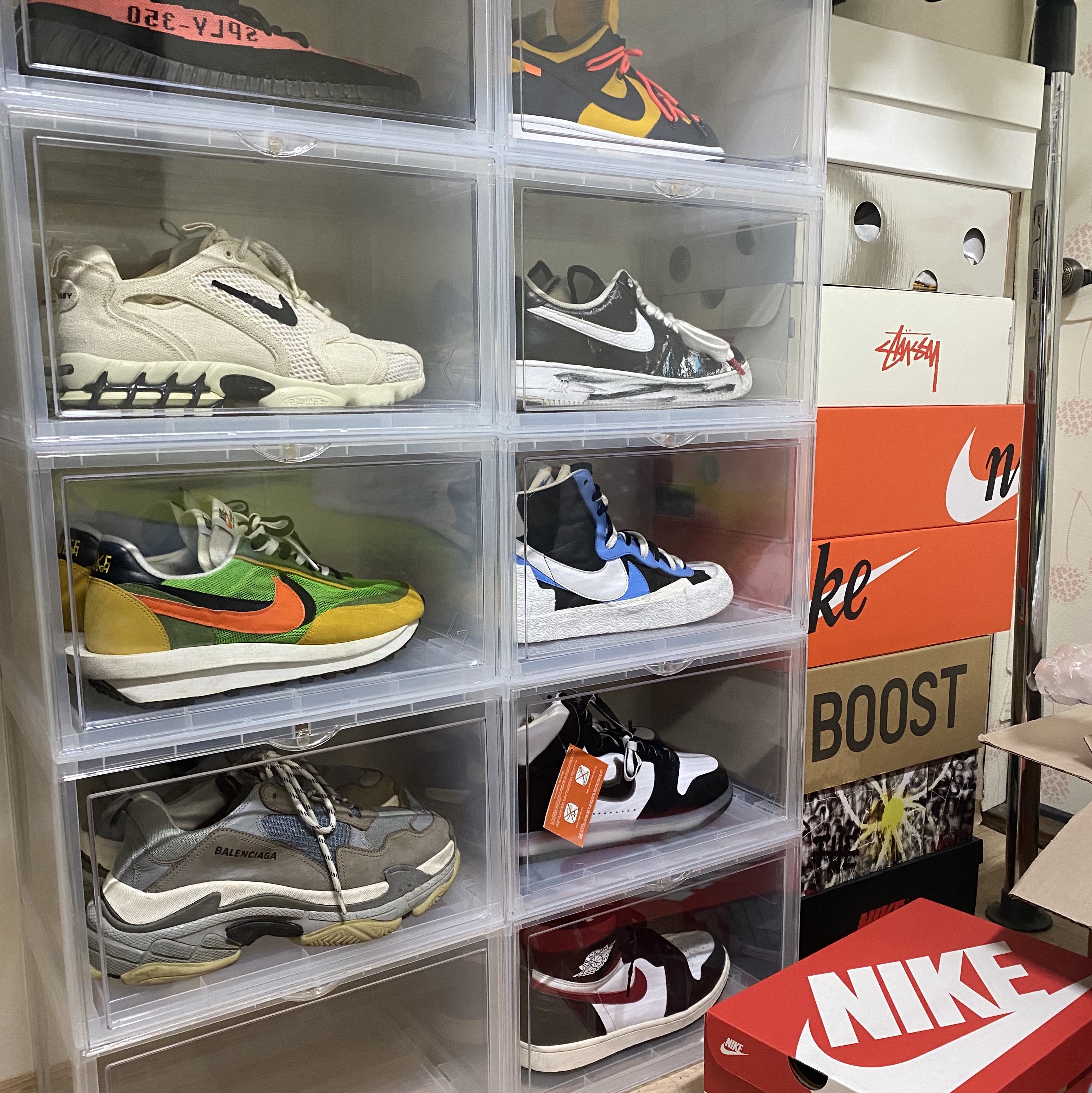 Nike x Sacai LDWaffle Green Multi, Nike x Sacai Blazer Mid White Black Legend Blue 착용 스타일