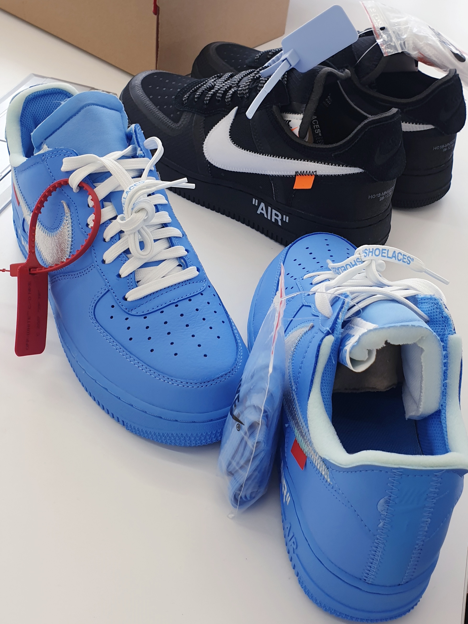 Nike x Off-White Air Force 1 Low MCA University Blue, Nike x Off-White Air Force 1 Low Black White 착용 스타일