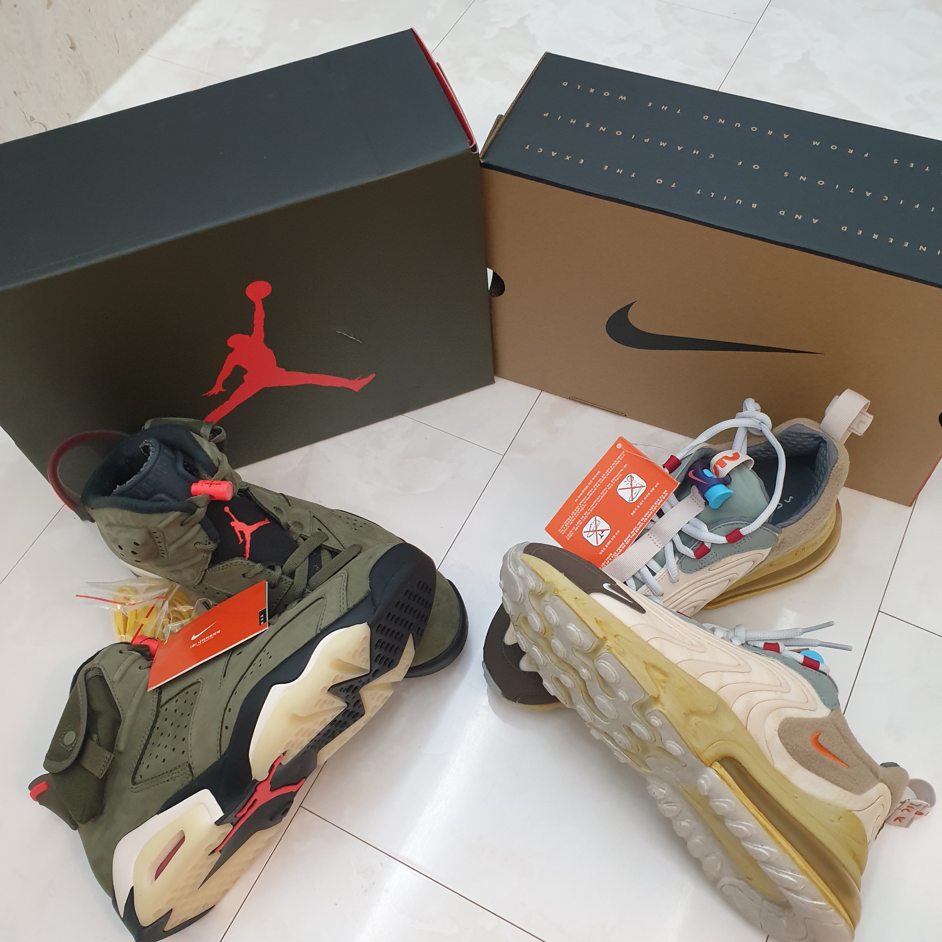 Nike x Travis Scott Air Max 270 React Cactus Trails, Jordan 6 x Travis Scott Retro Olive 착용 스타일