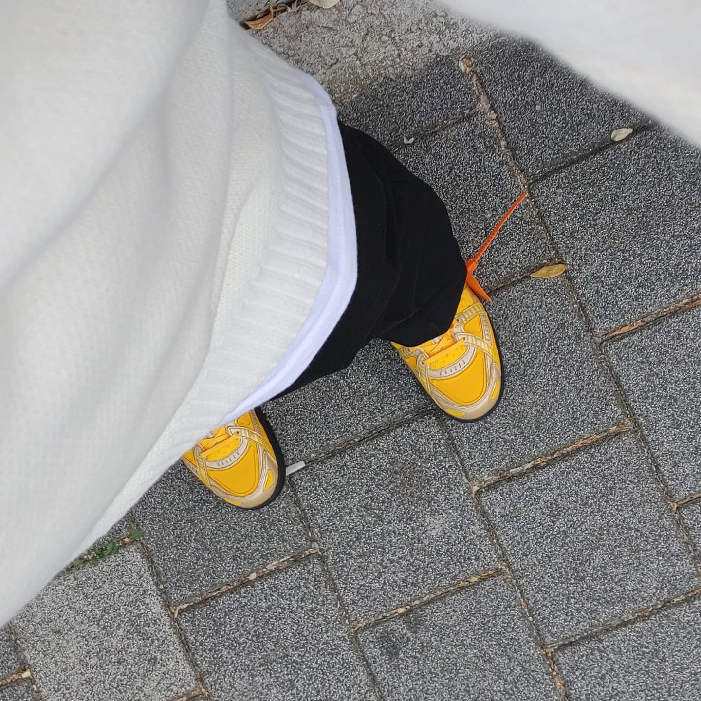 Nike x Off-White Air Rubber Dunk University Gold 착용 스타일