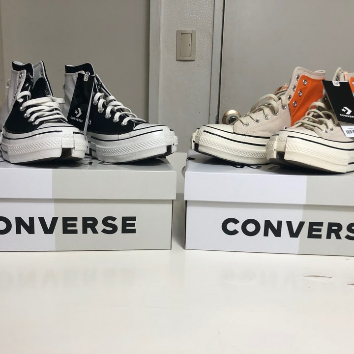 Converse x Feng Chen Wang Chuck 70 2-in-1 Natural Ivory Black, Converse x Feng Chen Wang Chuck 70 2-in-1 Persimmon Orange 착용 스타일