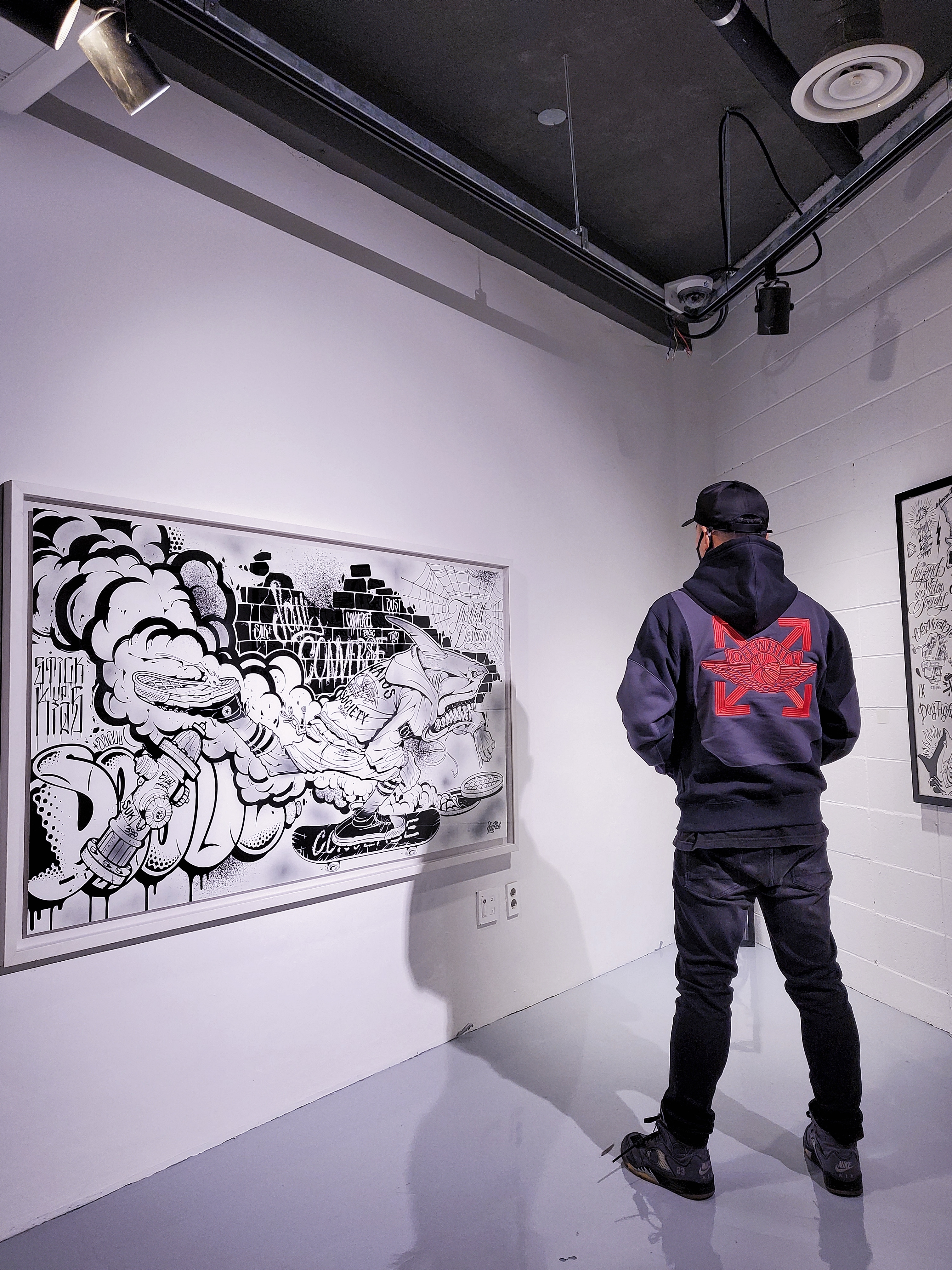 Jordan 5 x Off-White Retro SP Black Muslin, Jordan x Off-White Fleece Pullover Hoodie Black - Asia 착용 스타일 - 2