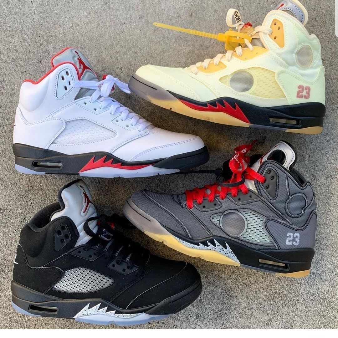 Jordan 5 x Off-White Retro SP Sail Fire Red, Jordan 5 x Off-White Retro SP Black Muslin 착용 스타일