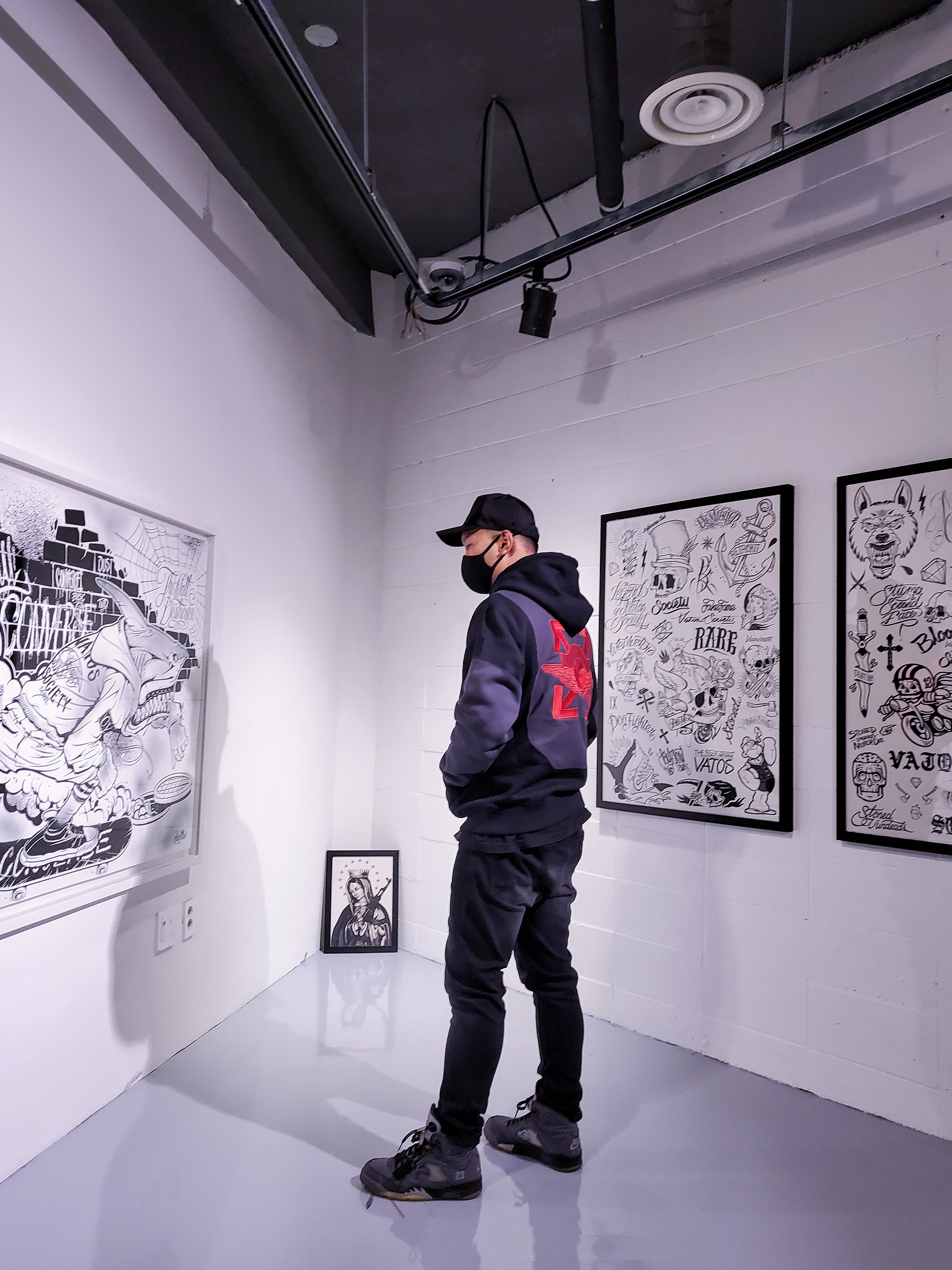Jordan 5 x Off-White Retro SP Black Muslin, Jordan x Off-White Fleece Pullover Hoodie Black - Asia 착용 스타일 - 1