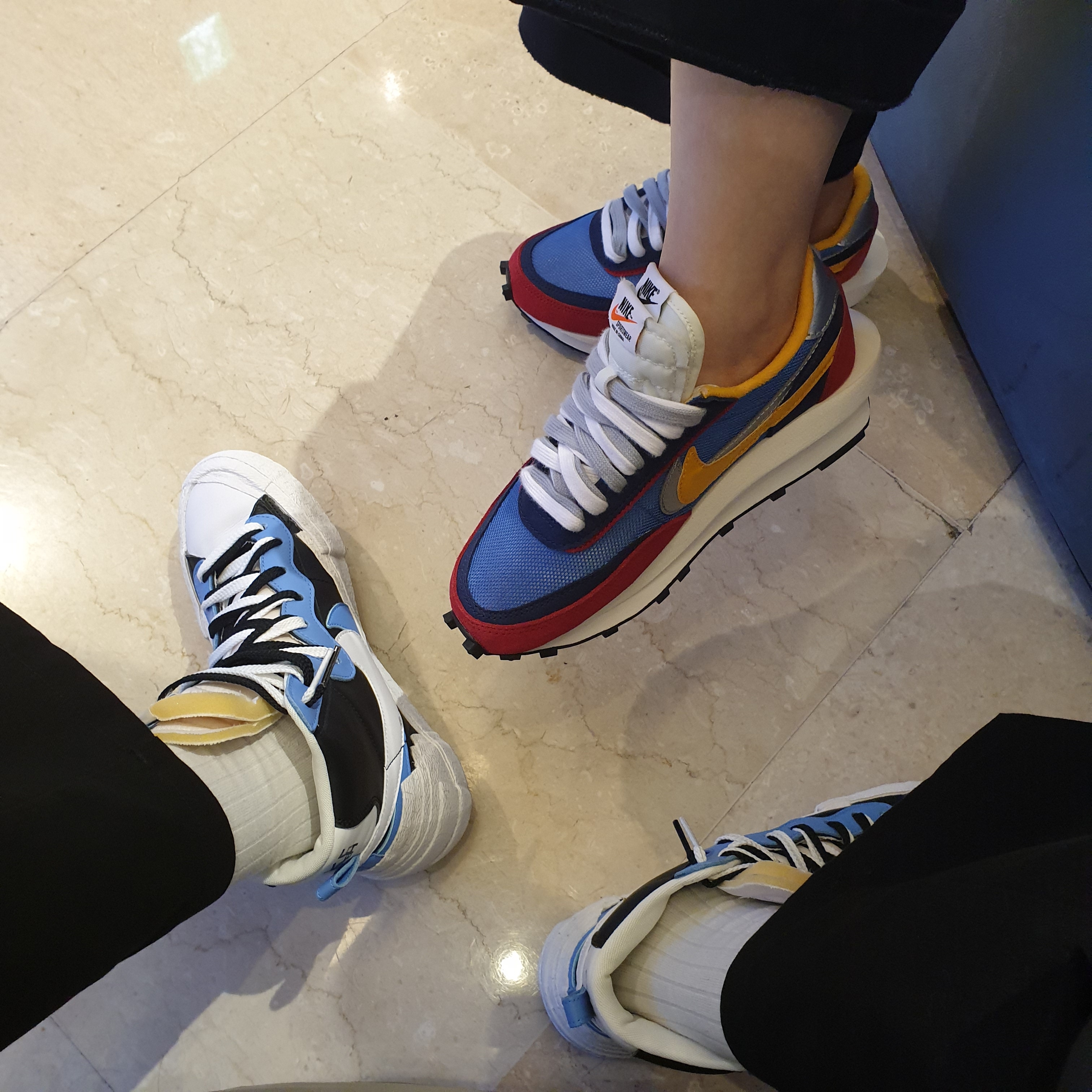 Nike x Sacai Blazer Mid White Black Legend Blue, Nike x Sacai LDWaffle Blue Multi 착용 스타일