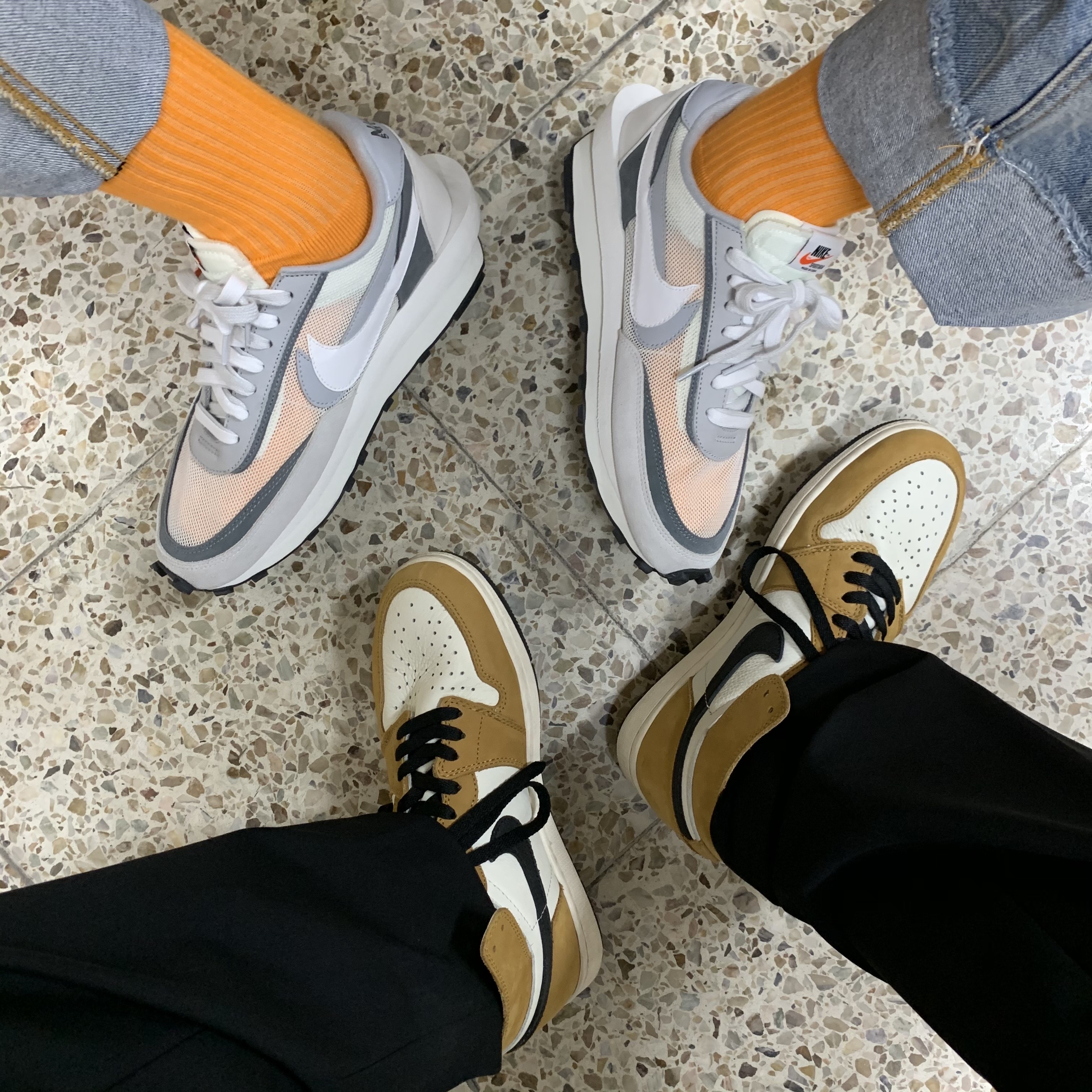 Nike x Sacai LDWaffle Summit White, Jordan 1 Retro High Rookie of the Year 착용 스타일