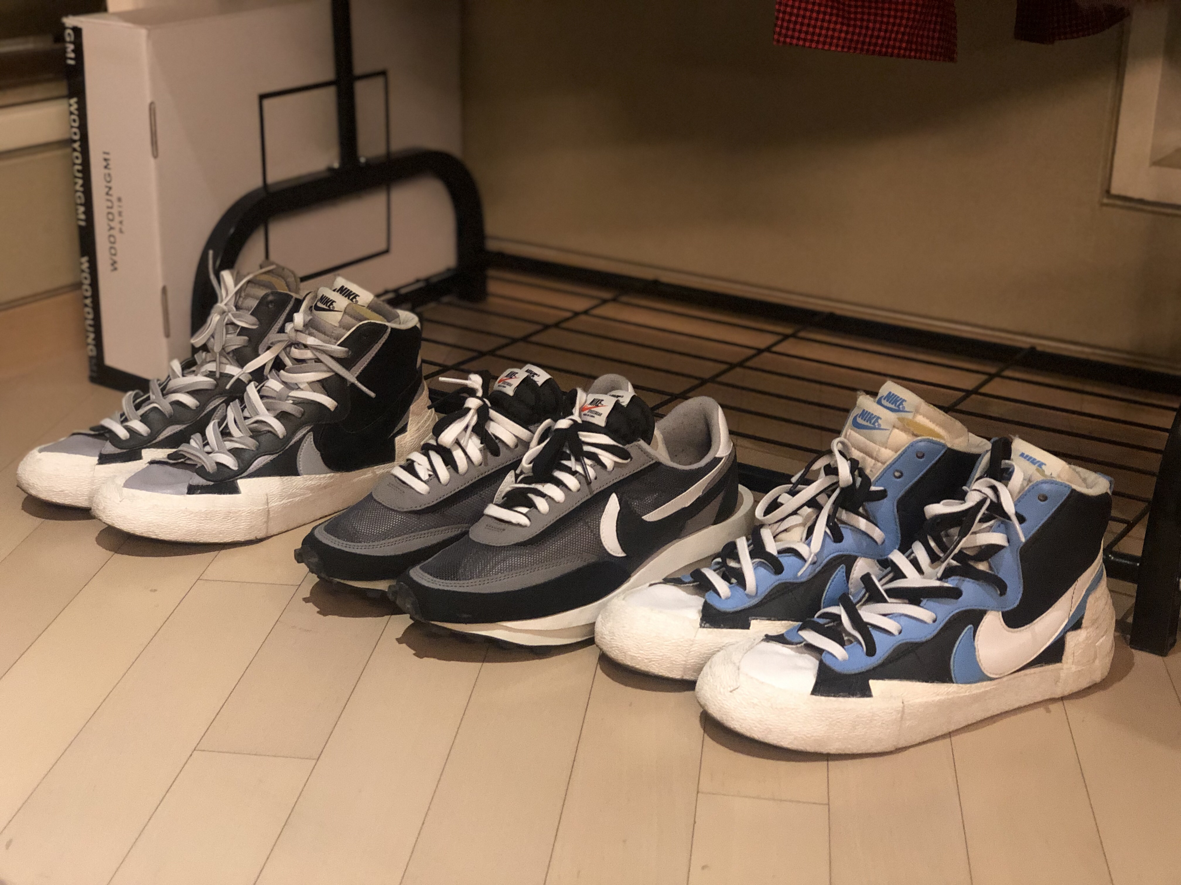 Nike x Sacai LDWaffle Black, Nike x Sacai Blazer Mid Black Grey 착용 스타일