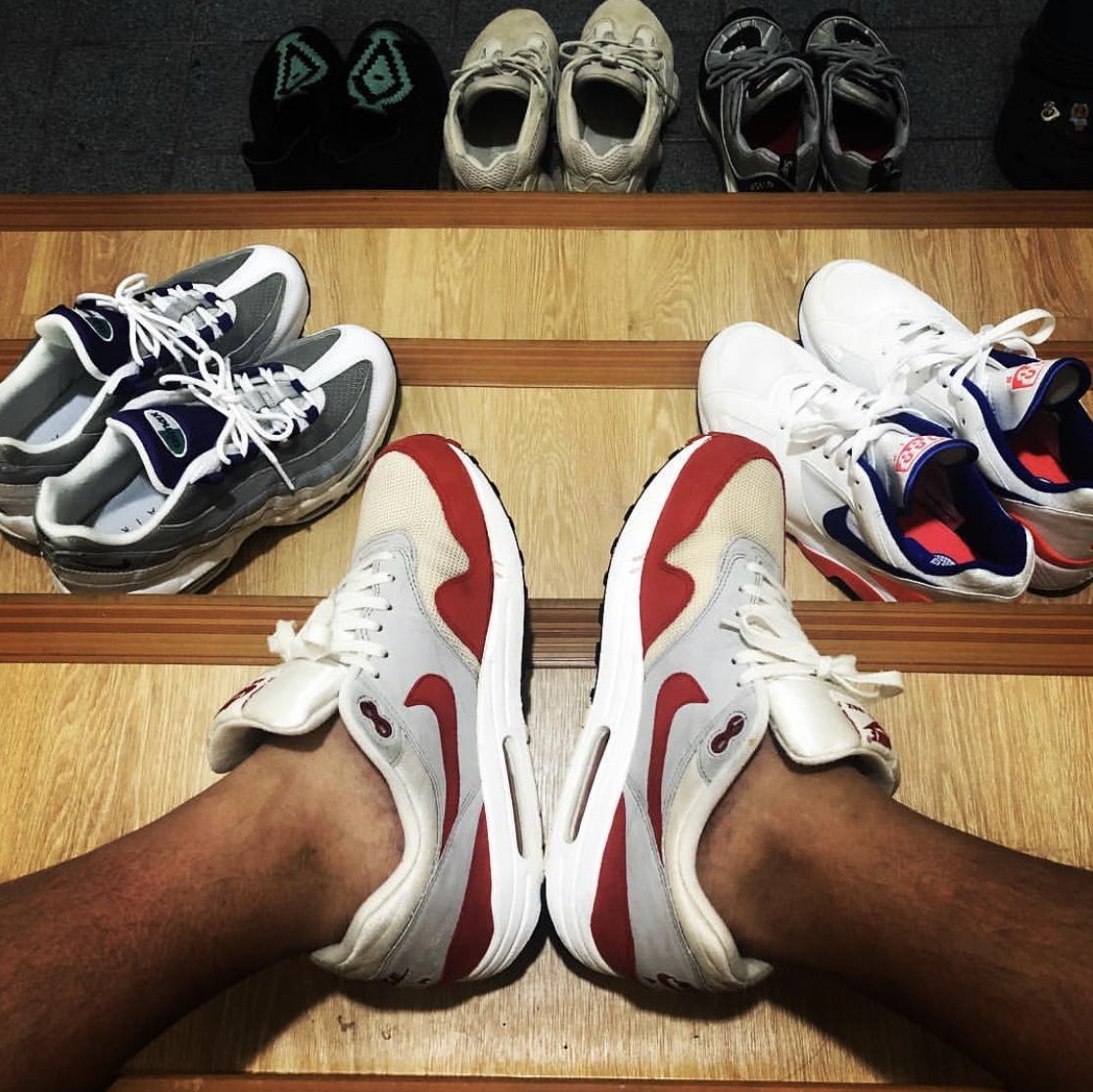 Nike Air Max 1 Anniversary Red (2017/2018 Restock Pair), (W) Nike Air Max 95 Grape 2018 착용 스타일