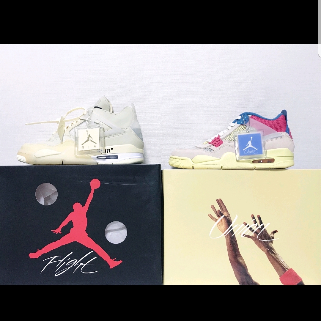 (W) Jordan 4 x Off-White Retro SP Sail, Jordan 4 x Union Retro Guava Ice 착용 스타일