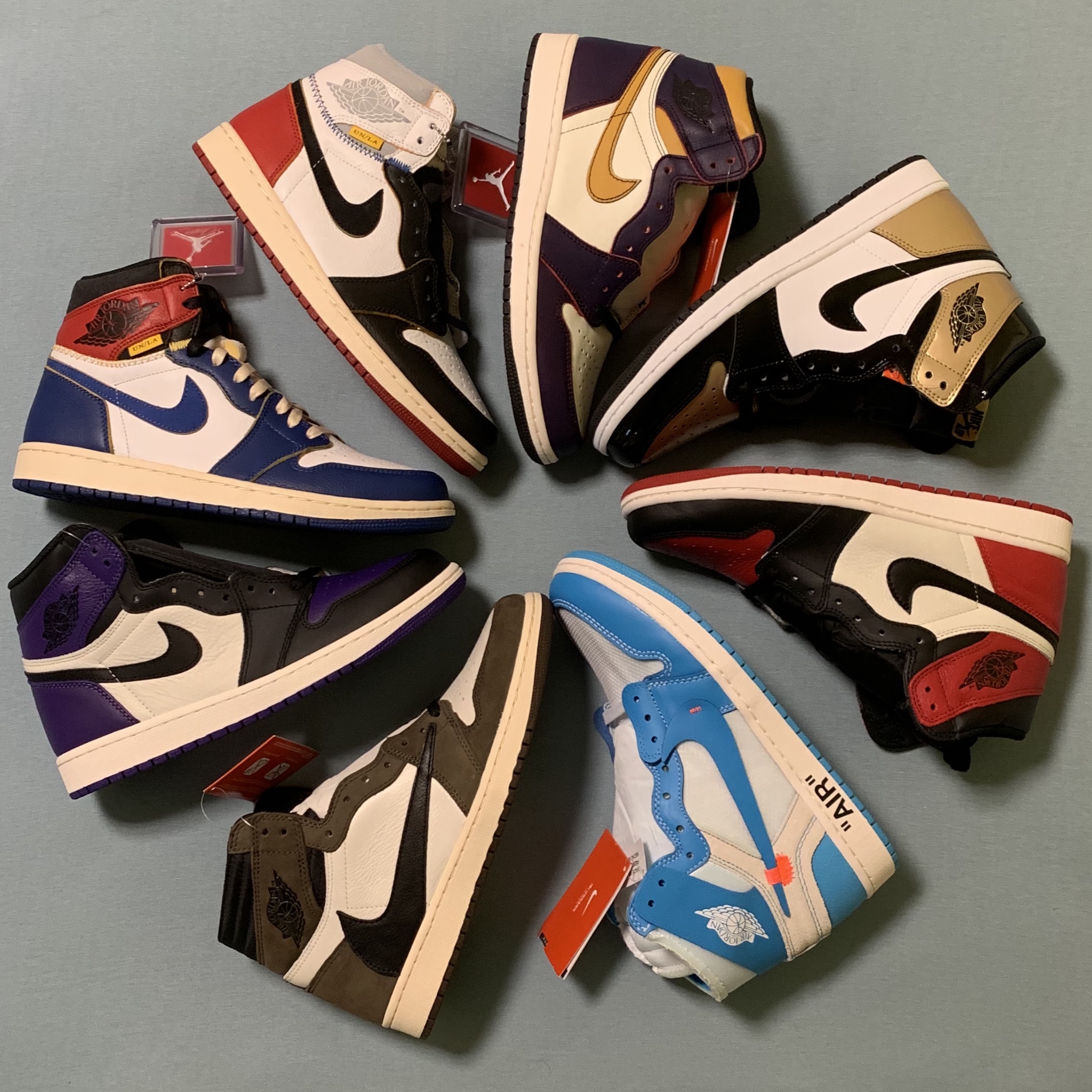 Jordan 1 x Travis Scott Retro High OG SP Mocha, Jordan 1 x Off-White Retro High University Blue 착용 스타일