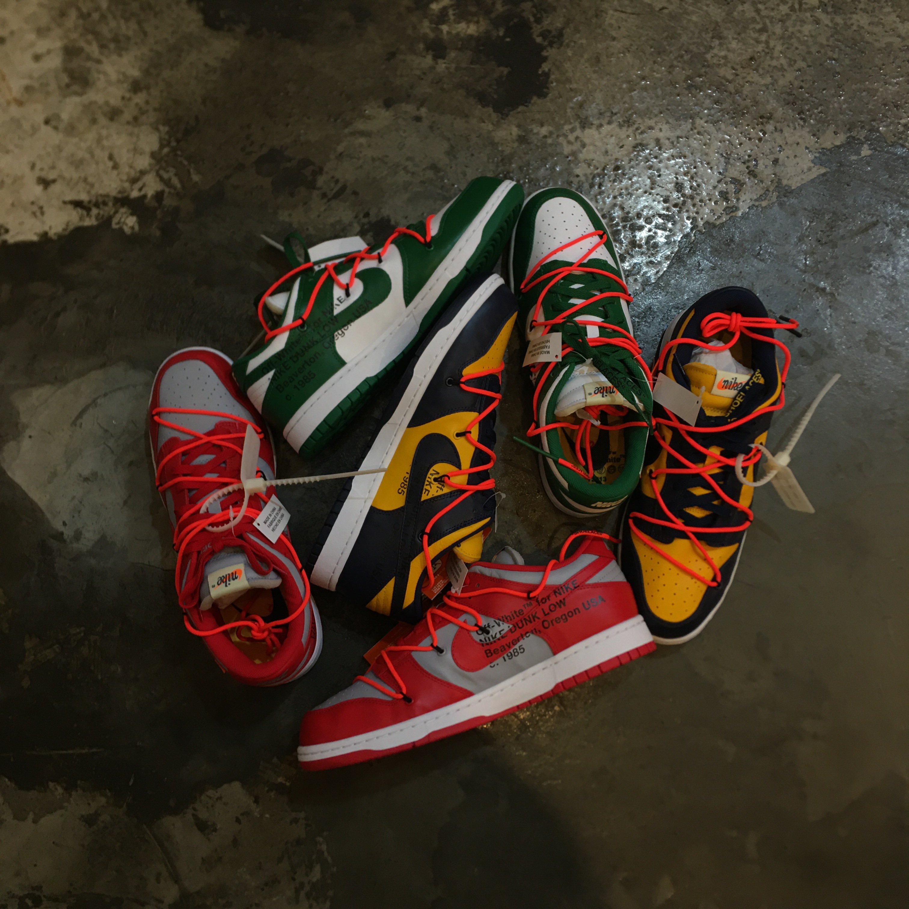 Nike x Off-White Dunk Low Pine Green, Nike x Off-White Dunk Low University Red 착용 스타일