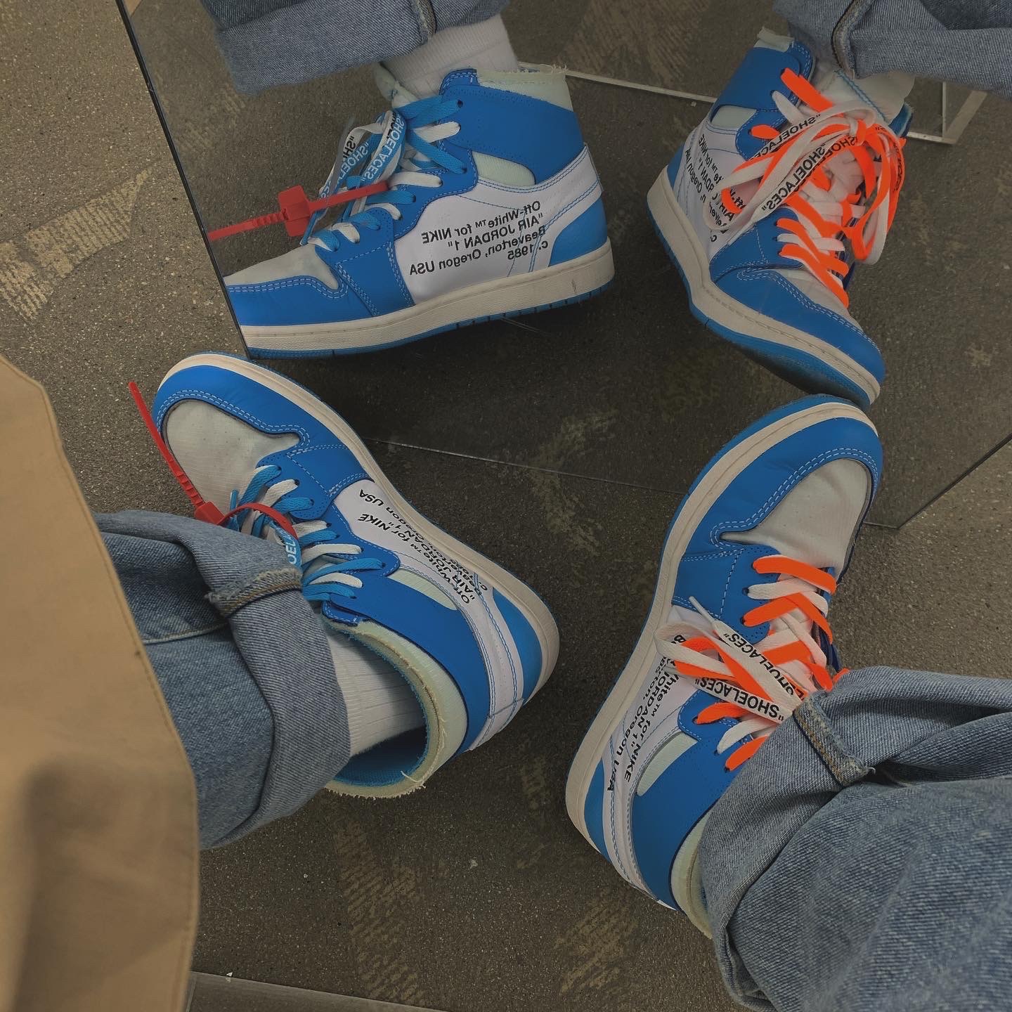 Jordan 1 x Off-White Retro High University Blue 착용 스타일