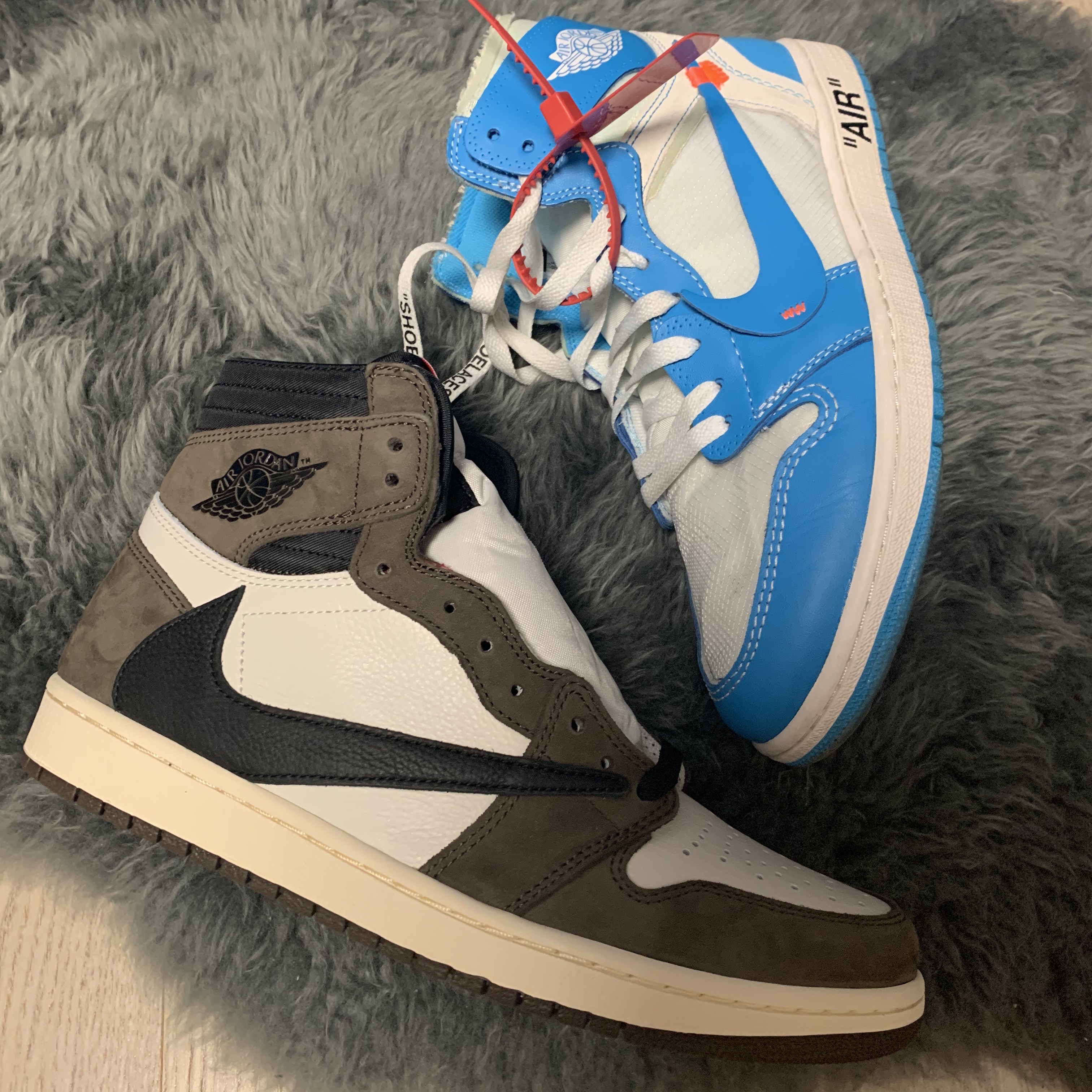 Jordan 1 x Travis Scott Retro High OG SP Mocha, Jordan 1 x Off-White Retro High University Blue 착용 스타일