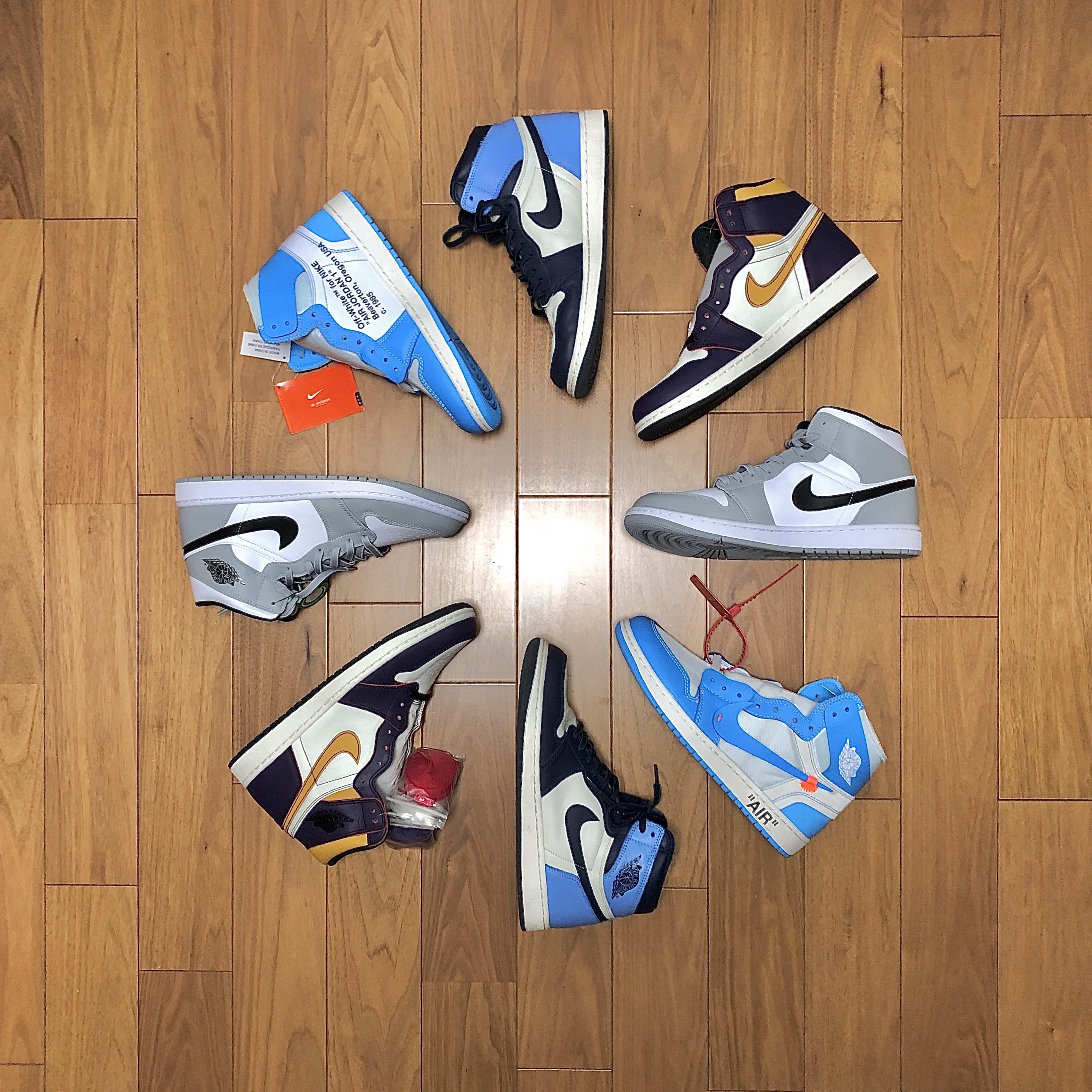 Jordan 1 x Off-White Retro High University Blue, Jordan 1 Retro High Obsidian UNC 착용 스타일