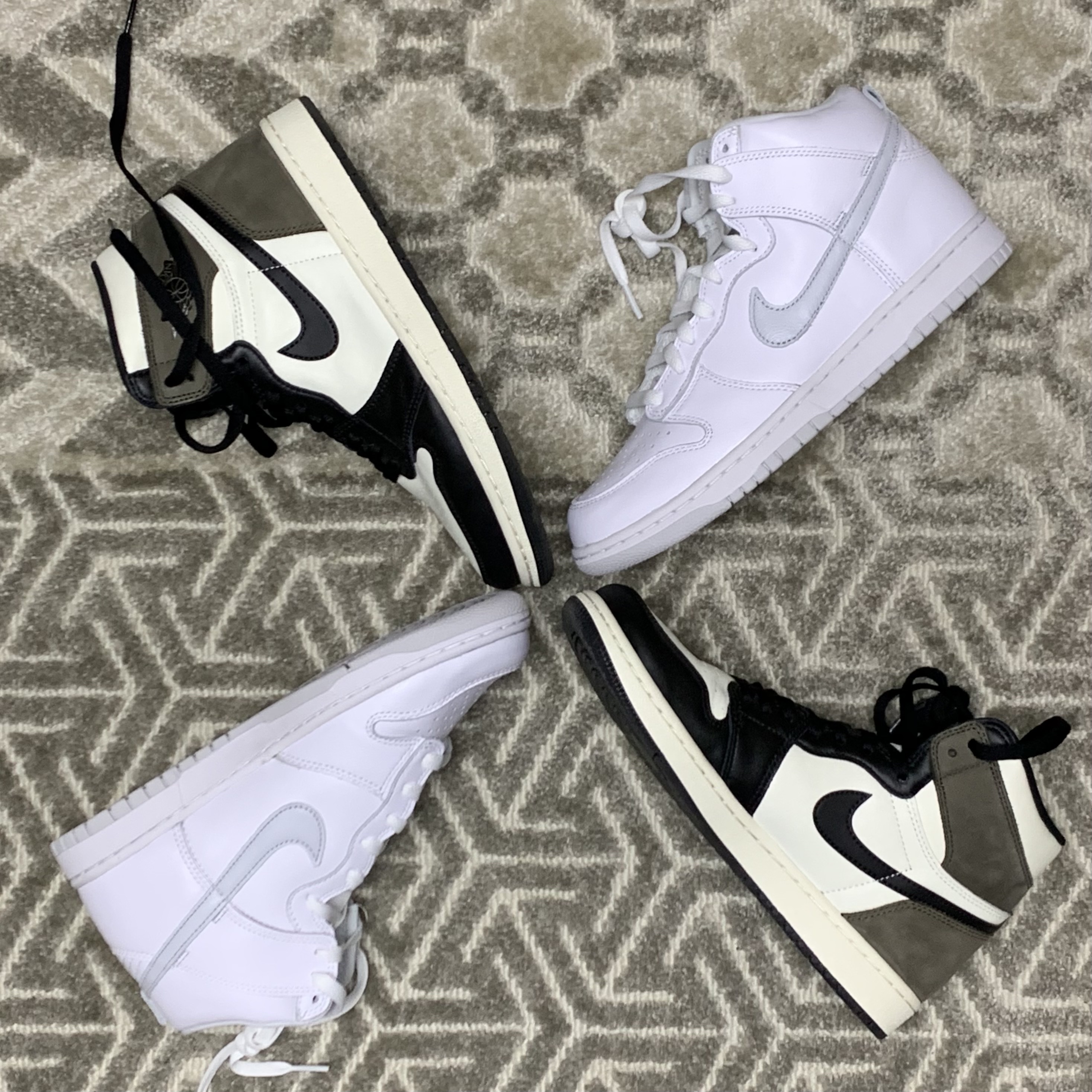 Nike Dunk High SP Pure Platinum, Jordan 1 Retro High OG Black Mocha 착용 스타일