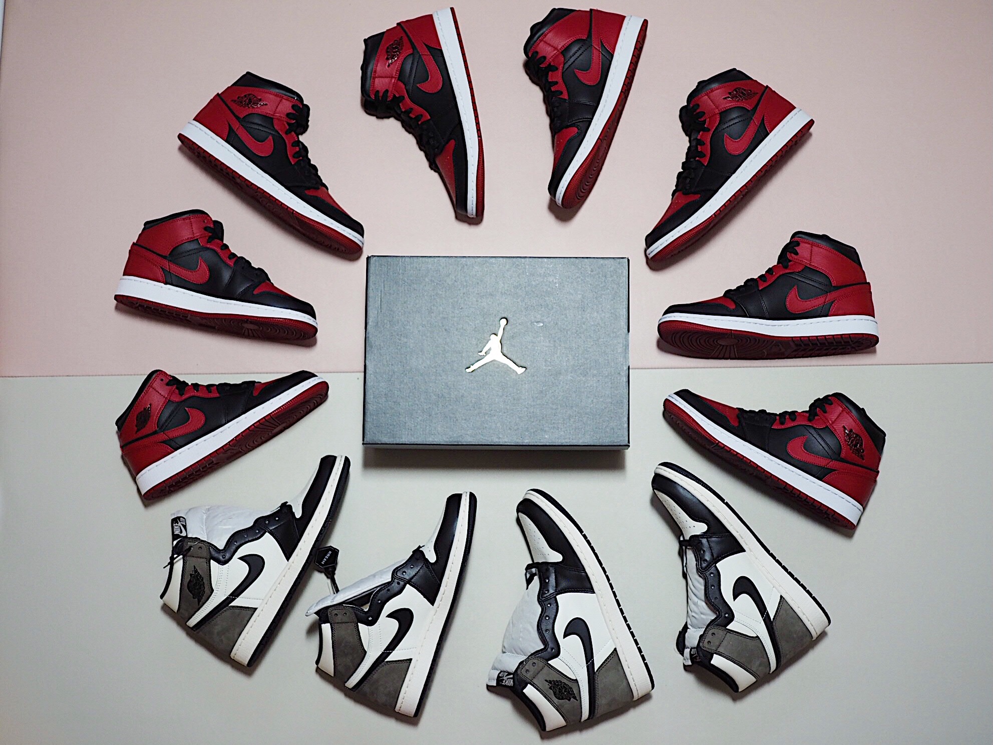 Jordan 1 Retro High OG Black Mocha, (GS) Jordan 1 Mid Bred Banned 2020 착용 스타일