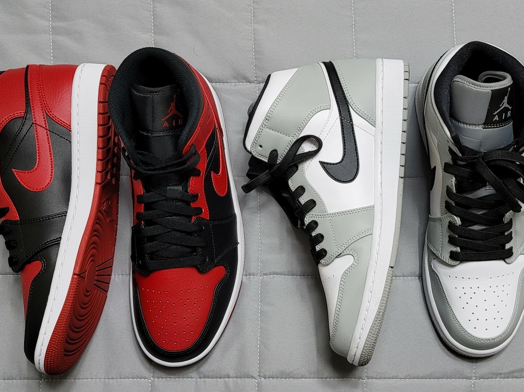 Jordan 1 Mid Light Smoke Grey, Jordan 1 Mid Bred Banned 2020 착용 스타일