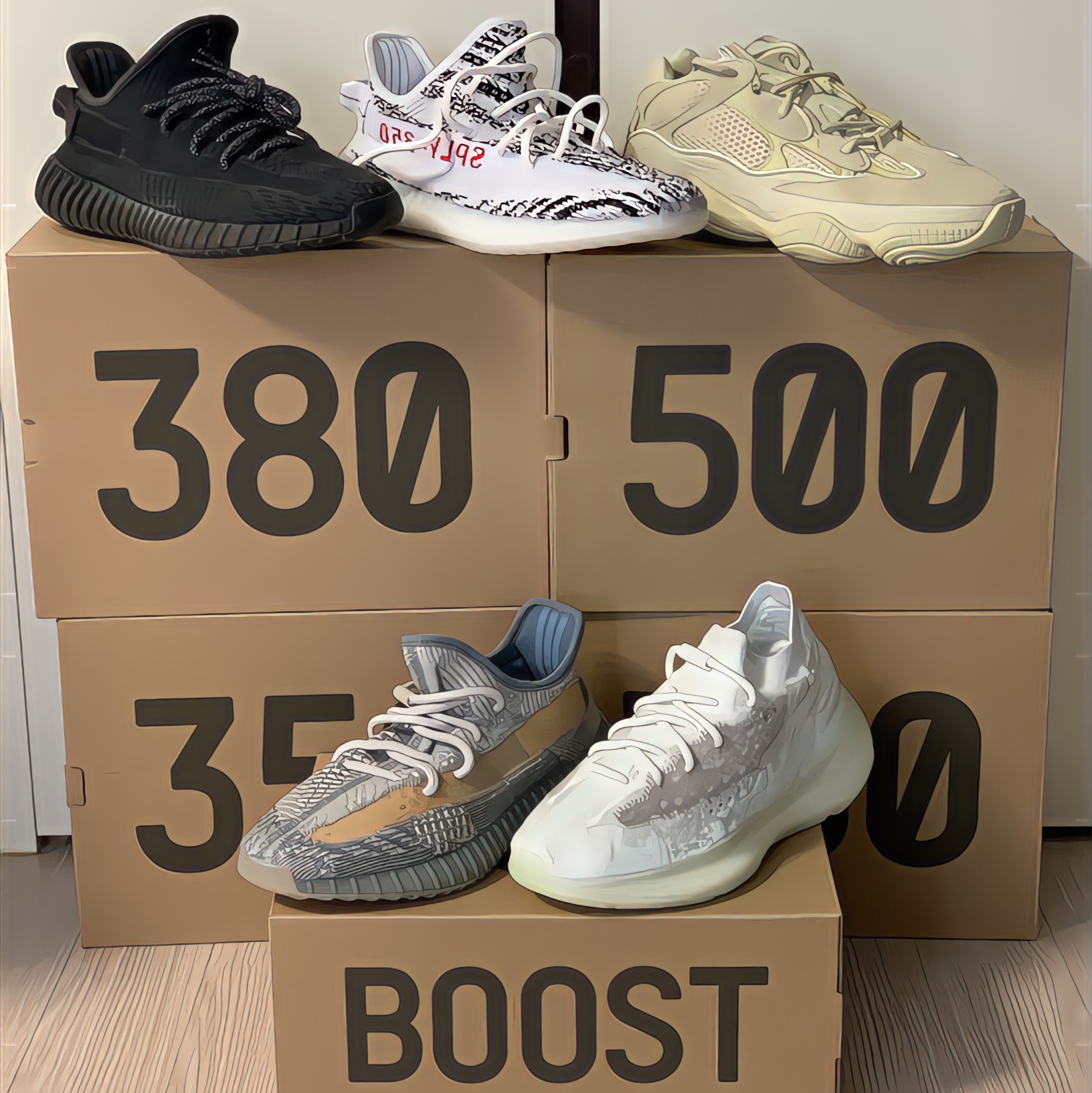 Adidas Yeezy 500 Super Moon Yellow, Adidas Yeezy Boost 380 Calcite Glow 착용 스타일