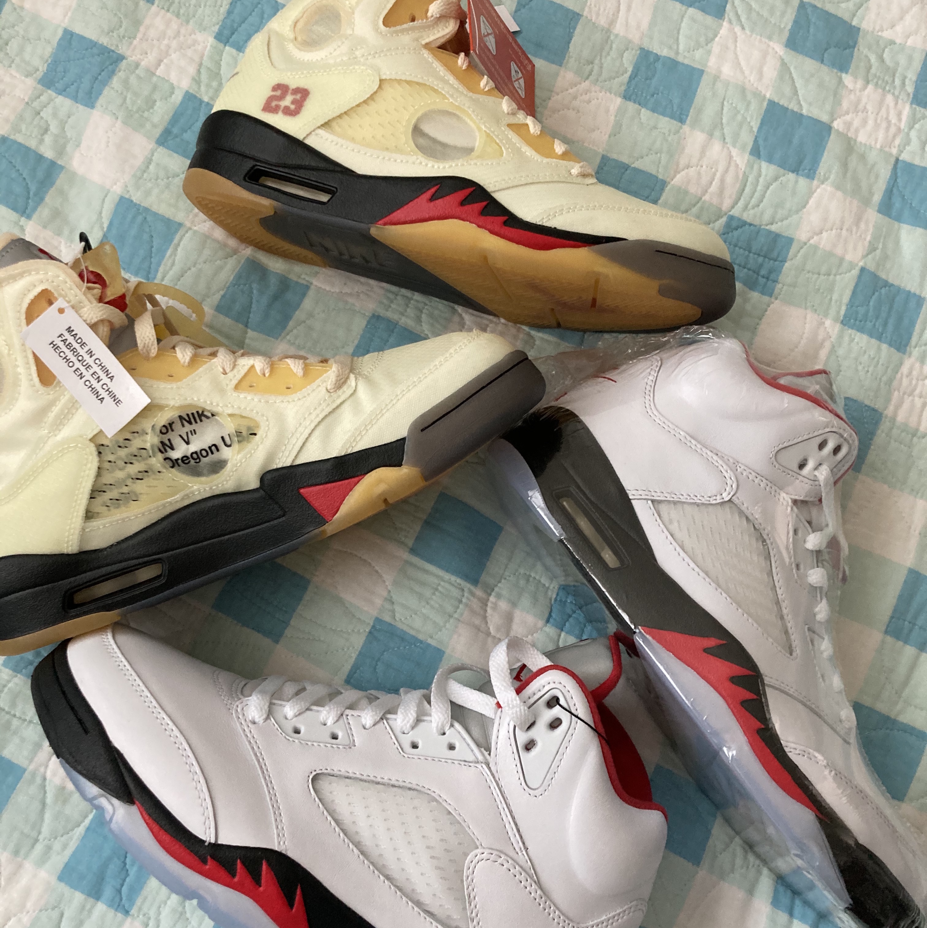 Jordan 5 x Off-White Retro SP Sail Fire Red, Jordan 5 Retro Fire Red Silver Tongue 2020 착용 스타일