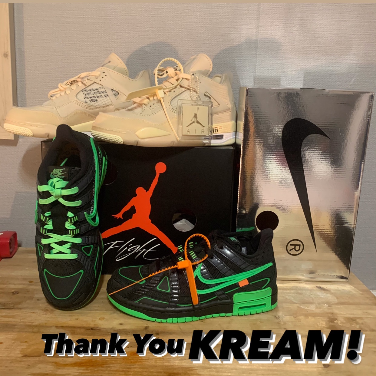(W) Jordan 4 x Off-White Retro SP Sail, Nike x Off-White Air Rubber Dunk Green Strike 착용 스타일