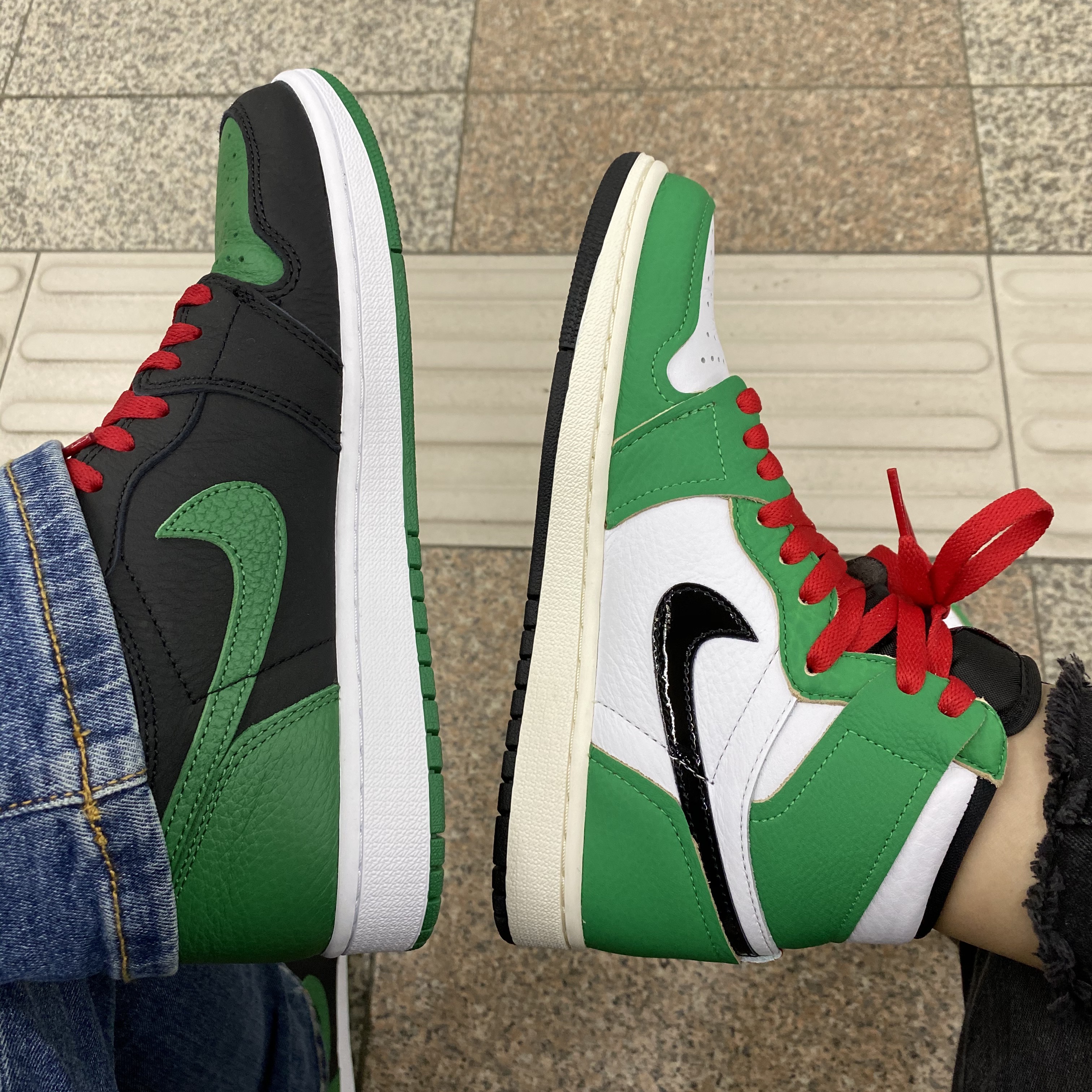 (W) Jordan 1 Retro High OG Lucky Green, Jordan 1 Retro High OG Pine Green Black 착용 스타일