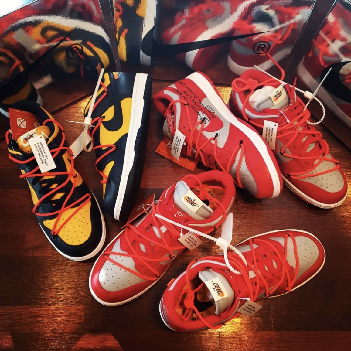 Nike x Off-White Dunk Low University Red, Nike x Off-White Dunk Low University Gold Midnight Navy 착용 스타일