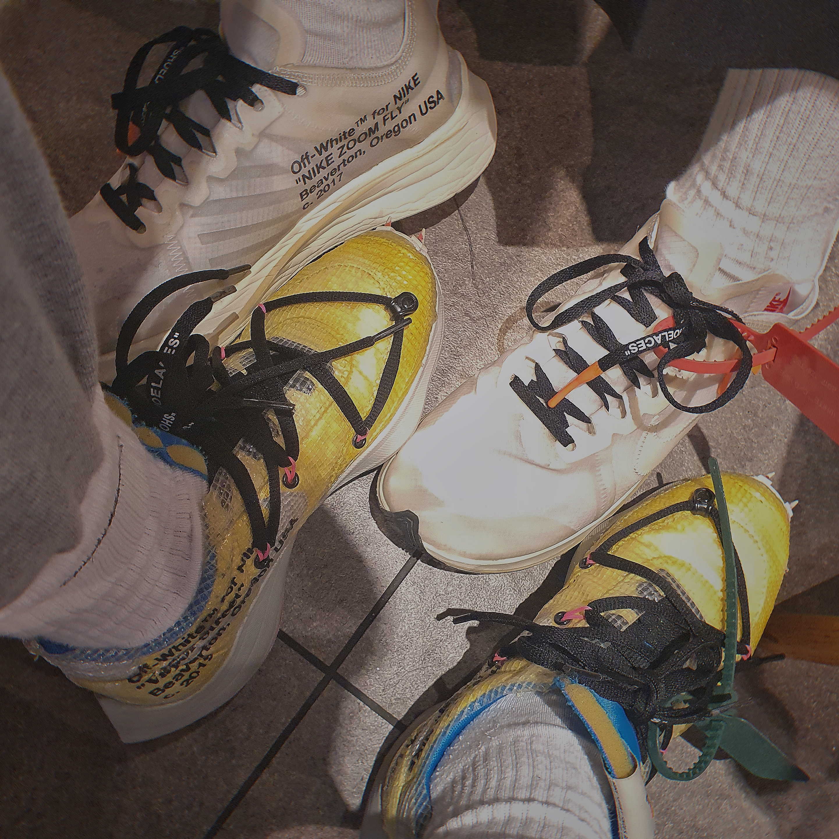 Nike x Off-White Zoom Fly SP The Ten, (W) Nike x Off-White Vapor Street Tour Yellow 착용 스타일