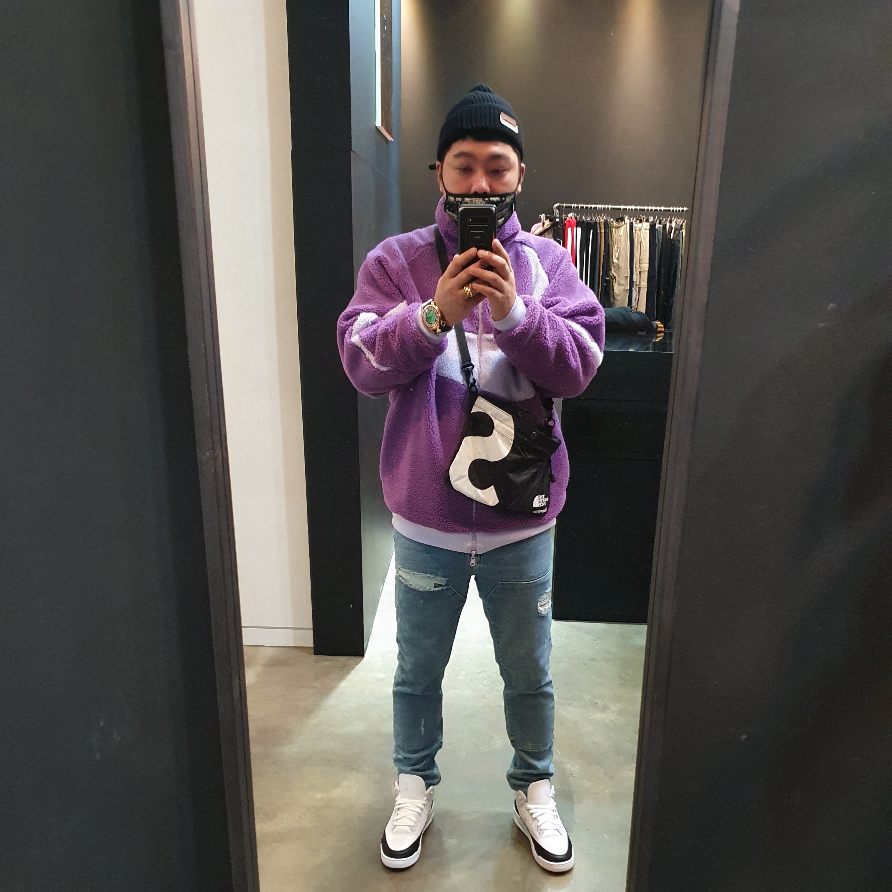 Jordan 3 x Fragment Retro SP White Black, Nike Big Swoosh Full Zip Jacket Purple Violet 착용 스타일