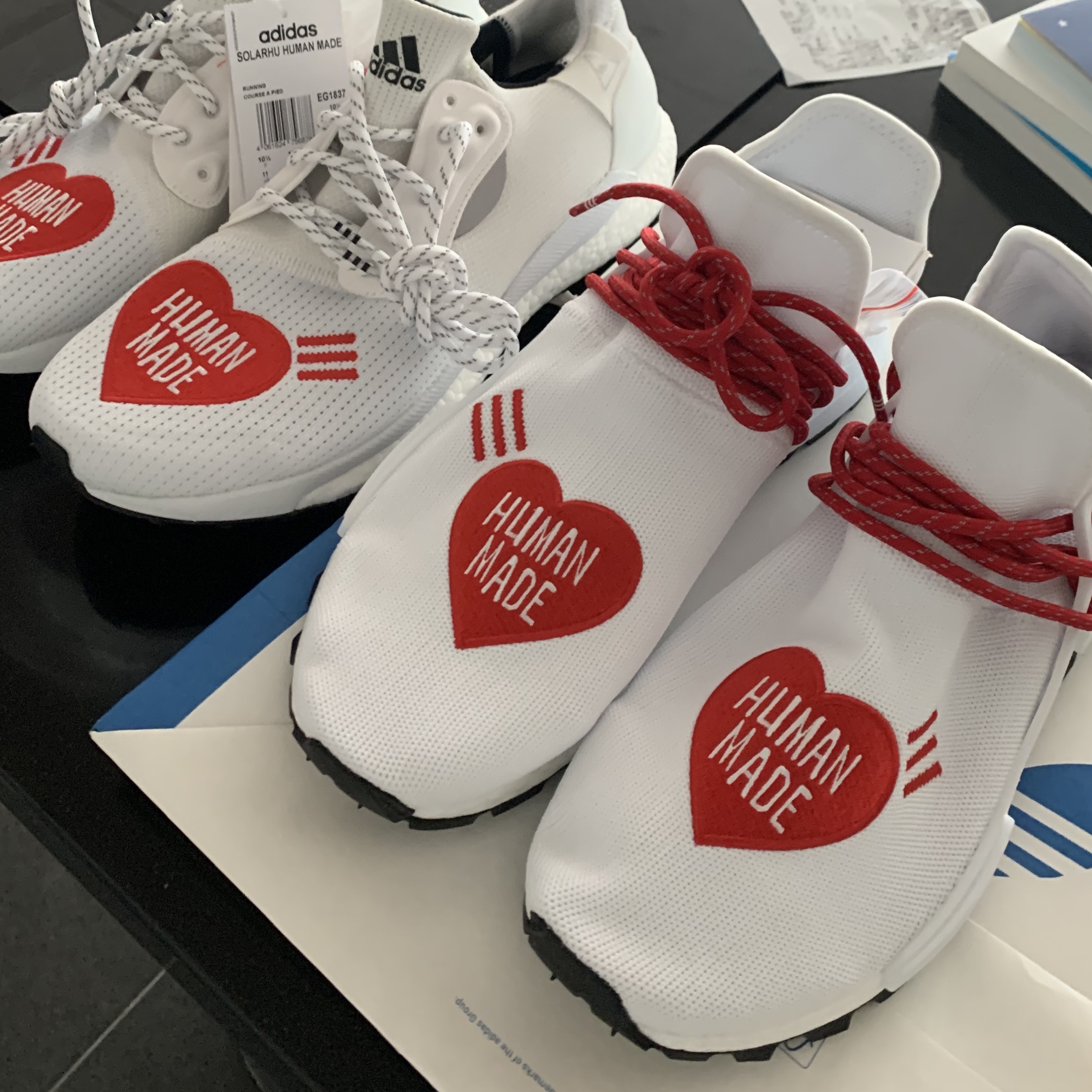 Adidas x Human Made x Pharrell Williams Hu NMD White Red, Adidas x Human Made x Pharrell Williams Solar Hu White Red 착용 스타일