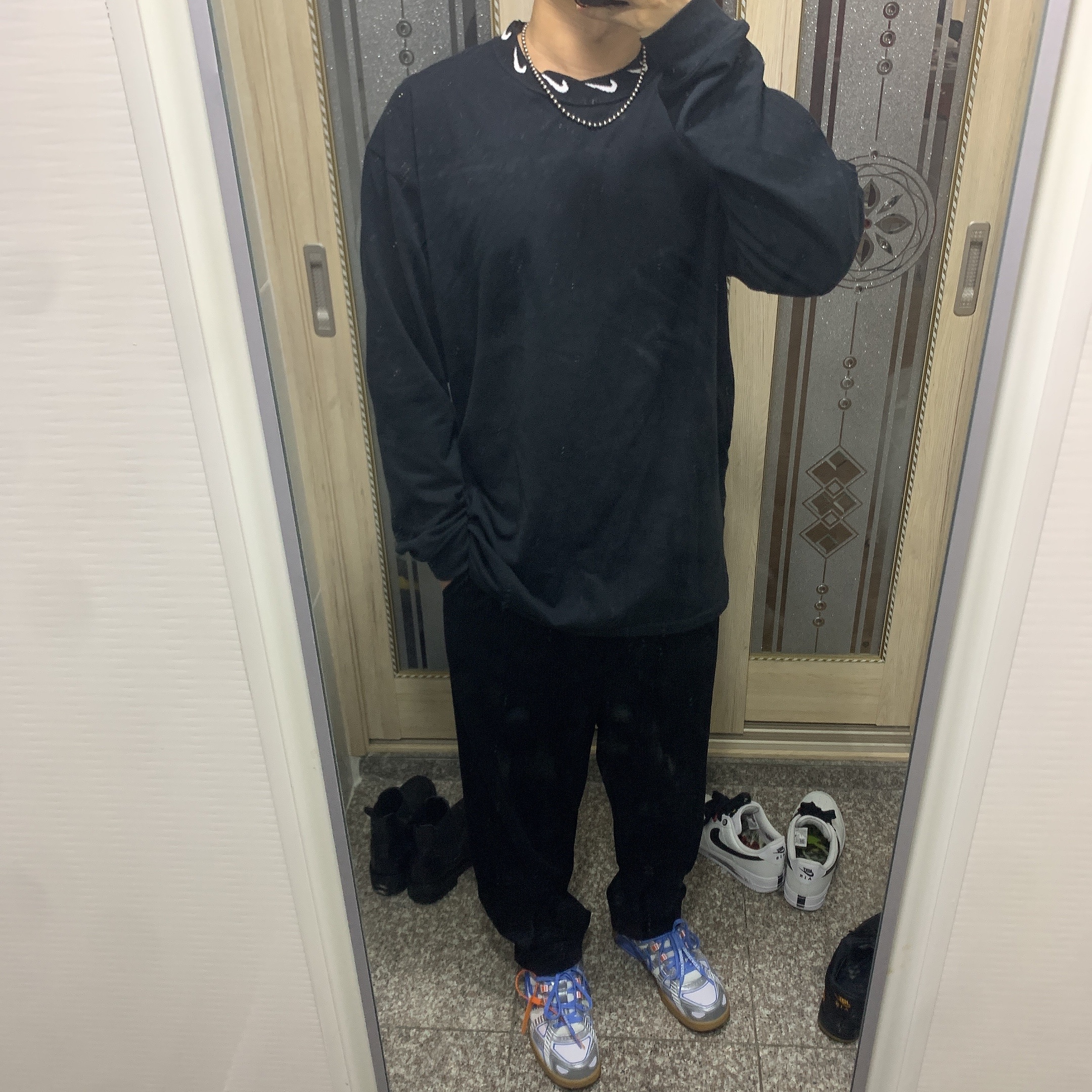 Nike x Off-White Air Rubber Dunk University Blue, Nike x Stussy NRG BR LS Knit Top 착용 스타일
