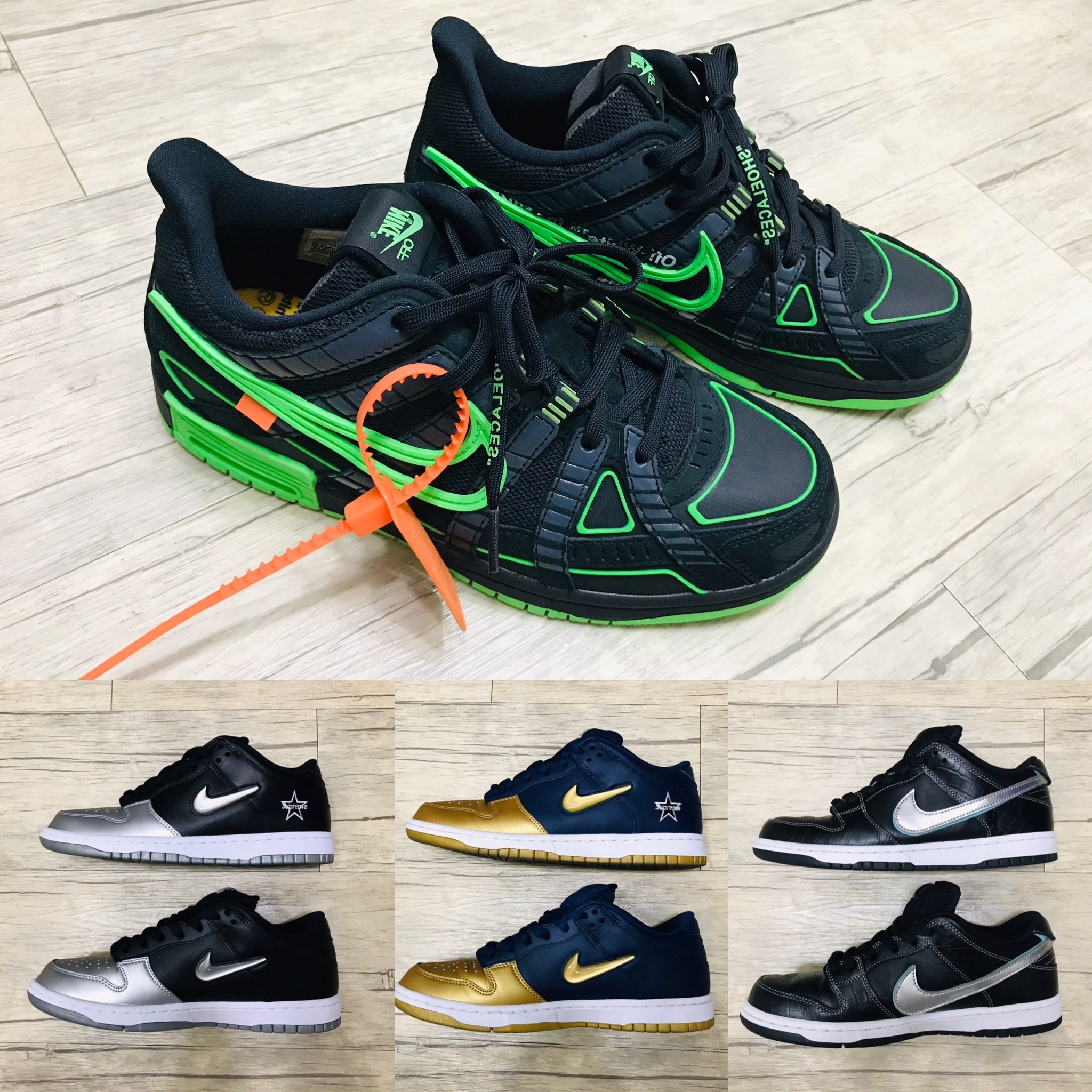 Nike x Off-White Air Rubber Dunk Green Strike, Nike x Supreme SB Dunk Low Jewel Swoosh Silver 착용 스타일