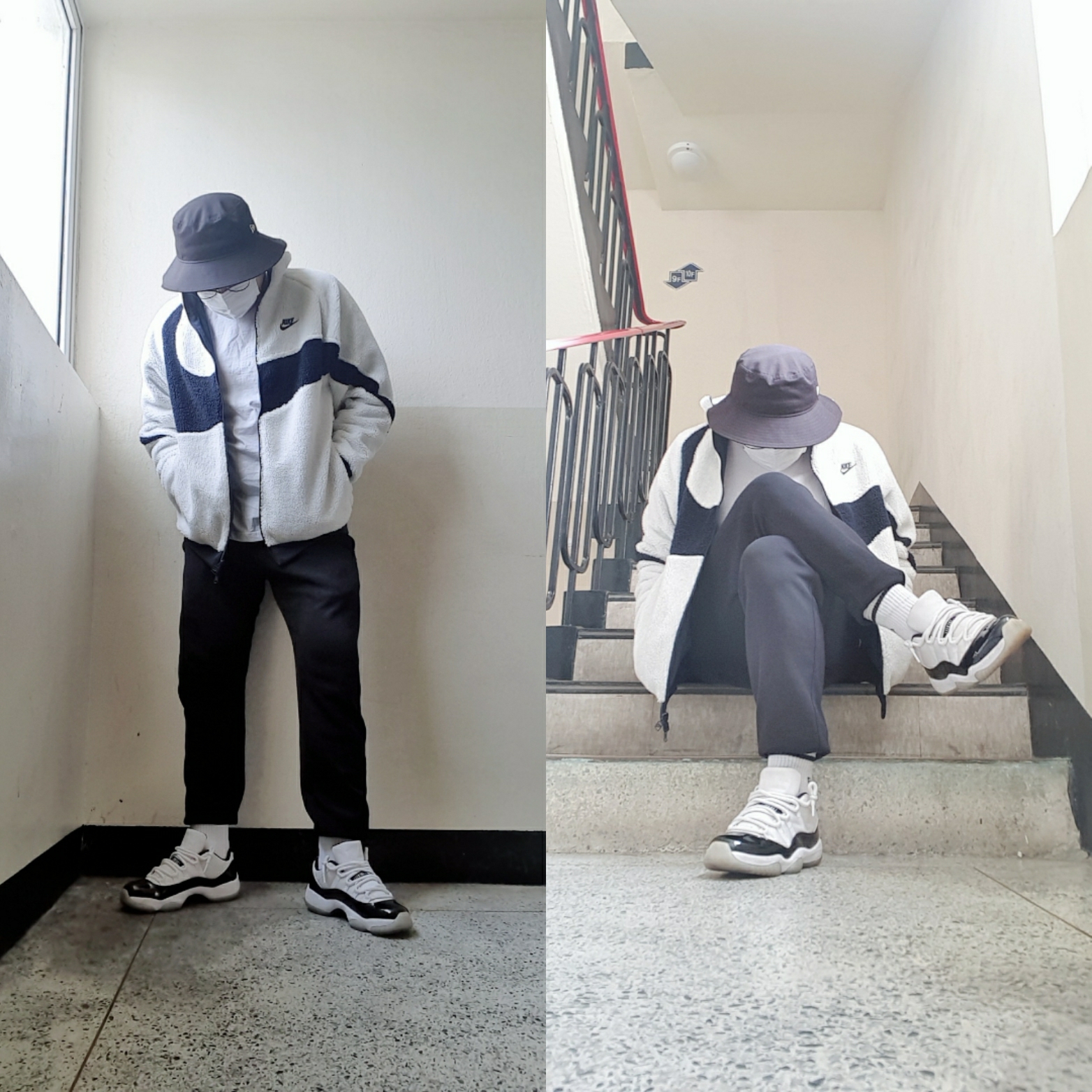 Jordan 11 Retro Low Concord, Nike Big Swoosh Full Zip Jacket White Navy 착용 스타일