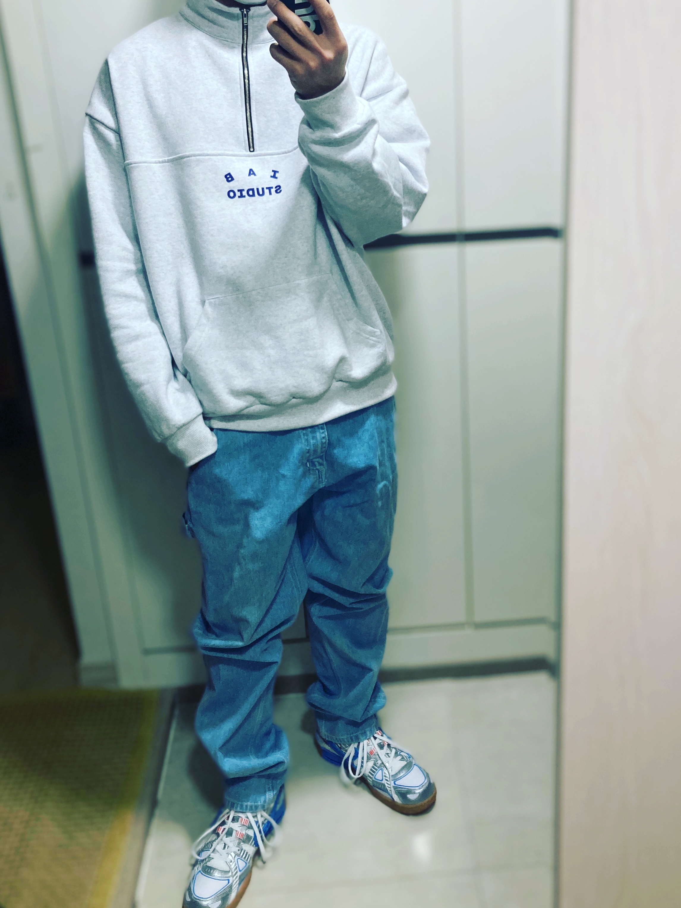 Nike x Off-White Air Rubber Dunk University Blue, IAB Studio Half Zip Pullover Light Gray 착용 스타일