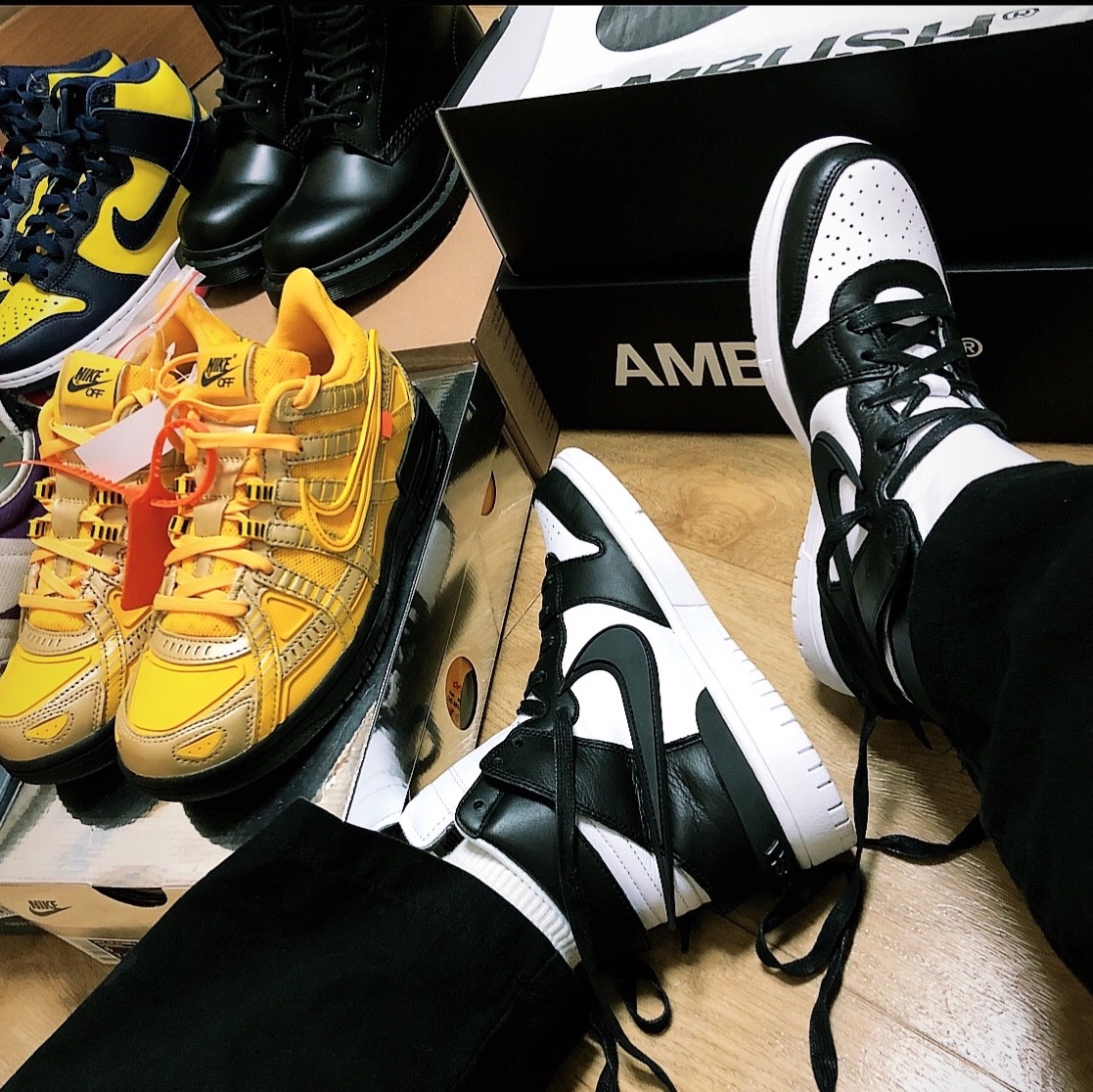 Nike x Ambush Dunk High Black, Nike x Off-White Air Rubber Dunk University Gold 착용 스타일