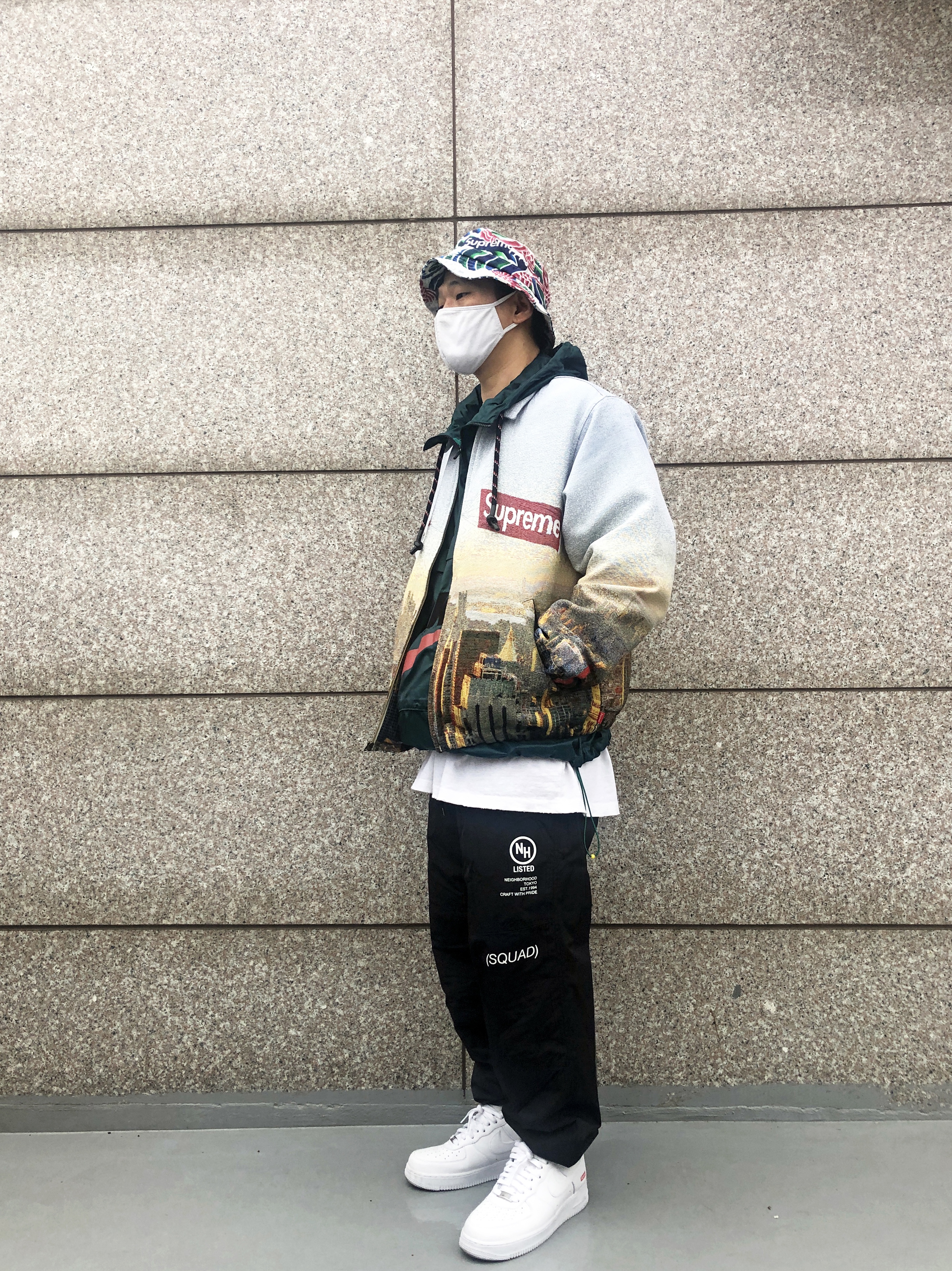 Supreme Aerial Tapestry Harrington Jacket - 20FW, Nike x Supreme Air Force 1 Low White 착용 스타일