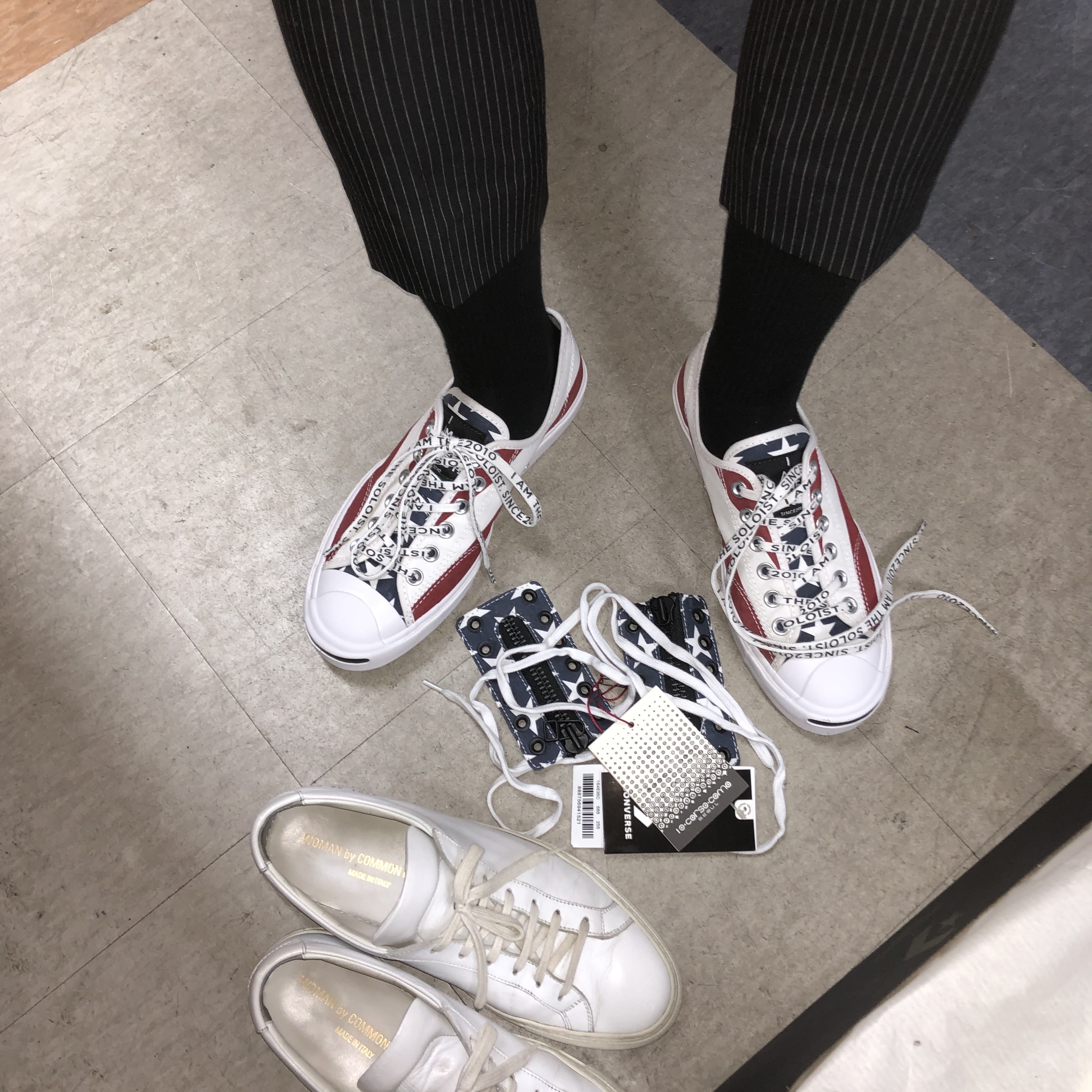 Converse x Takahiromiyashita The Soloist Jack Purcell Zip Ox White Red, (W) Common Projects Original Achilles Low White 착용 스타일 - 3