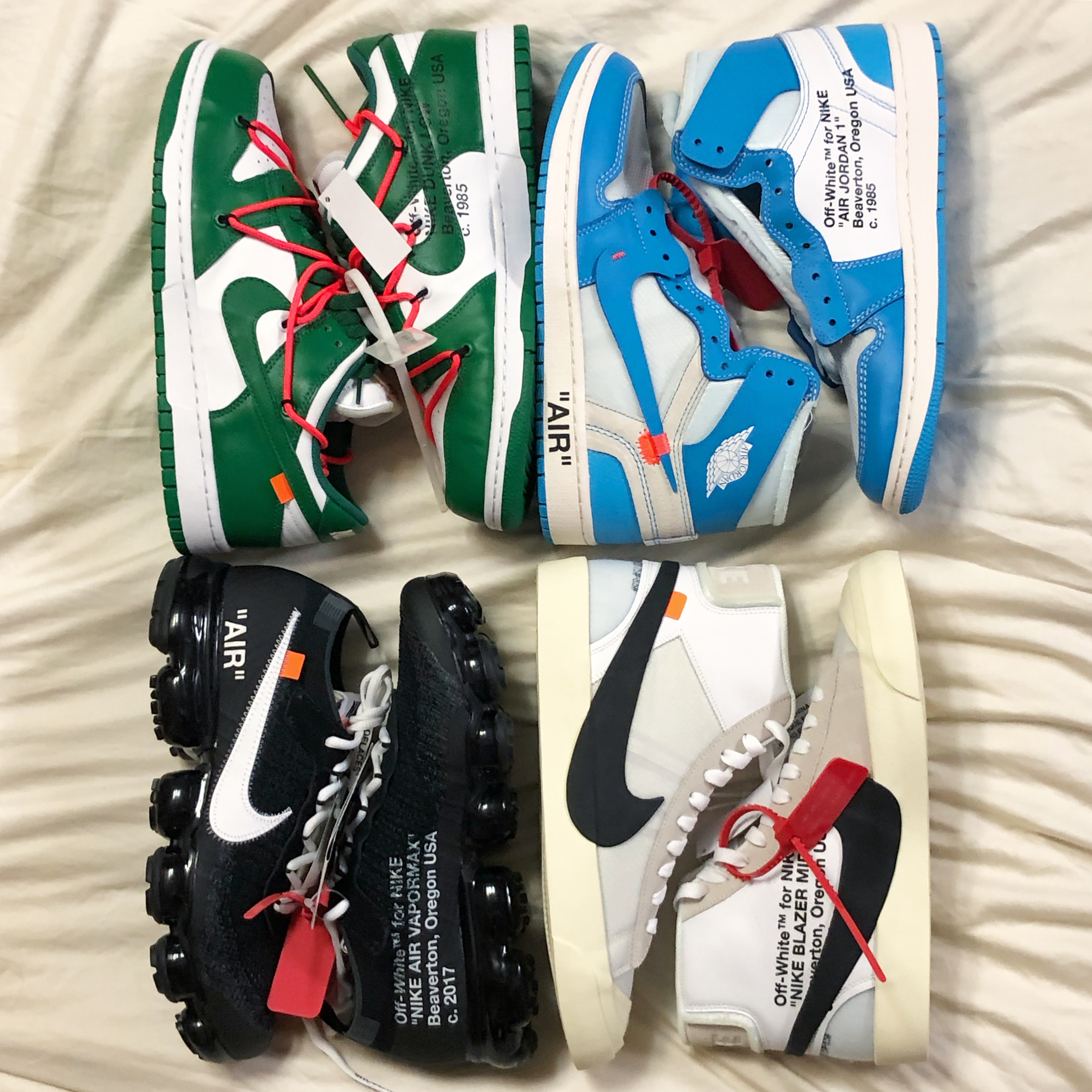 Nike x Off-White Dunk Low Pine Green, Jordan 1 x Off-White Retro High University Blue 착용 스타일