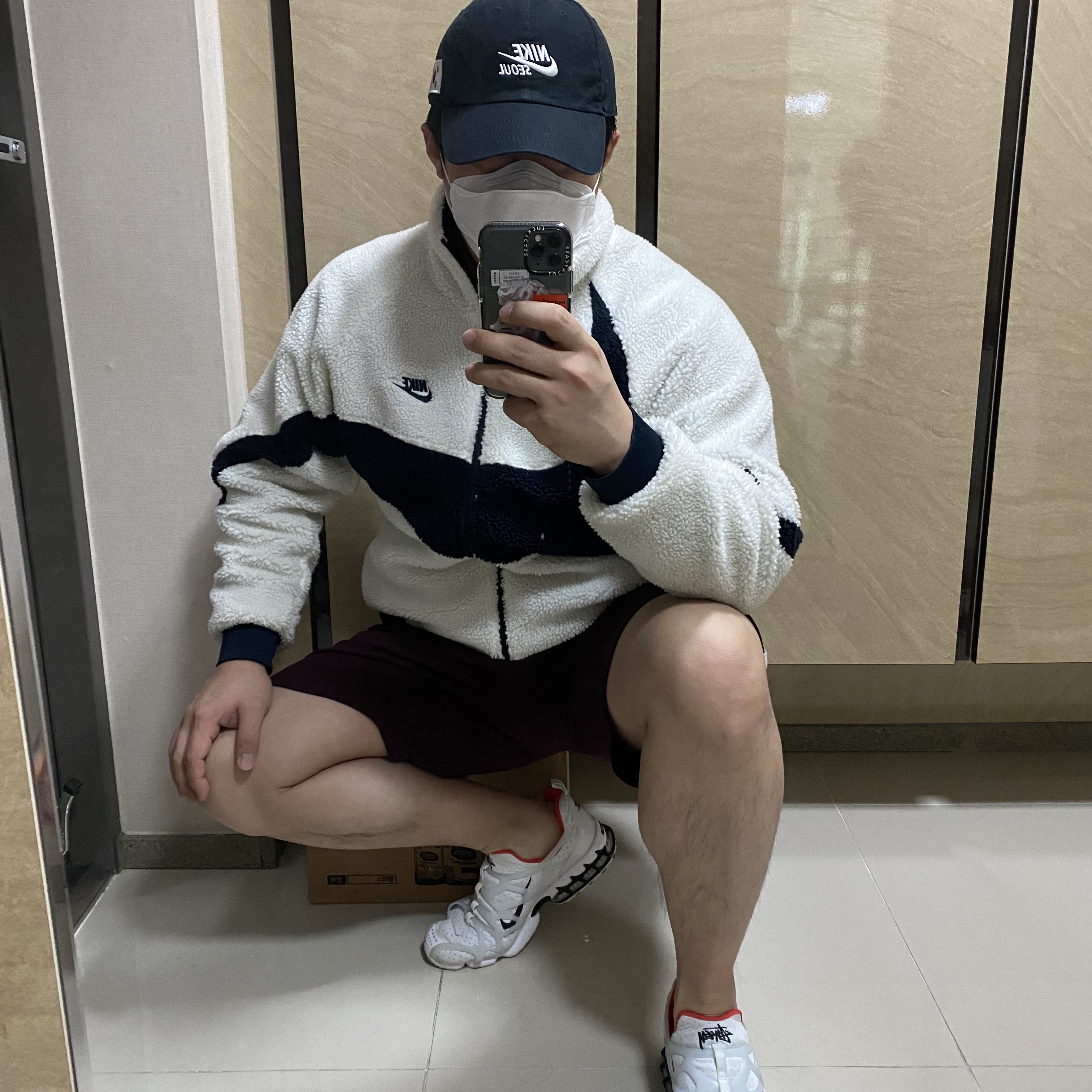 Nike x Stussy Air Zoom Spiridon Kukini White, Nike Big Swoosh Full Zip Jacket White Navy 착용 스타일