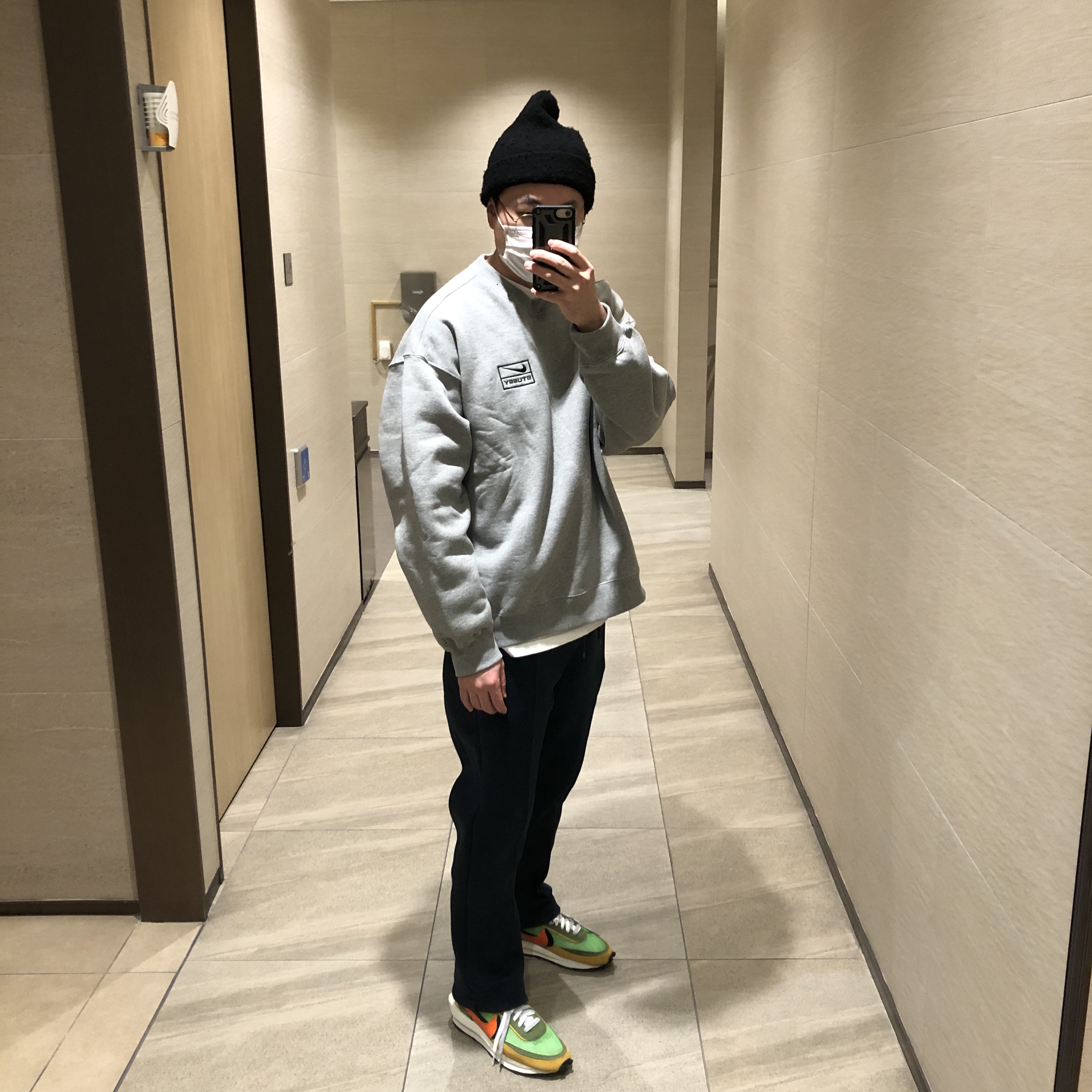 Nike x Stussy NRG BR Crew Fleece Grey, Jordan x Union Leisure Pants Navy 착용 스타일
