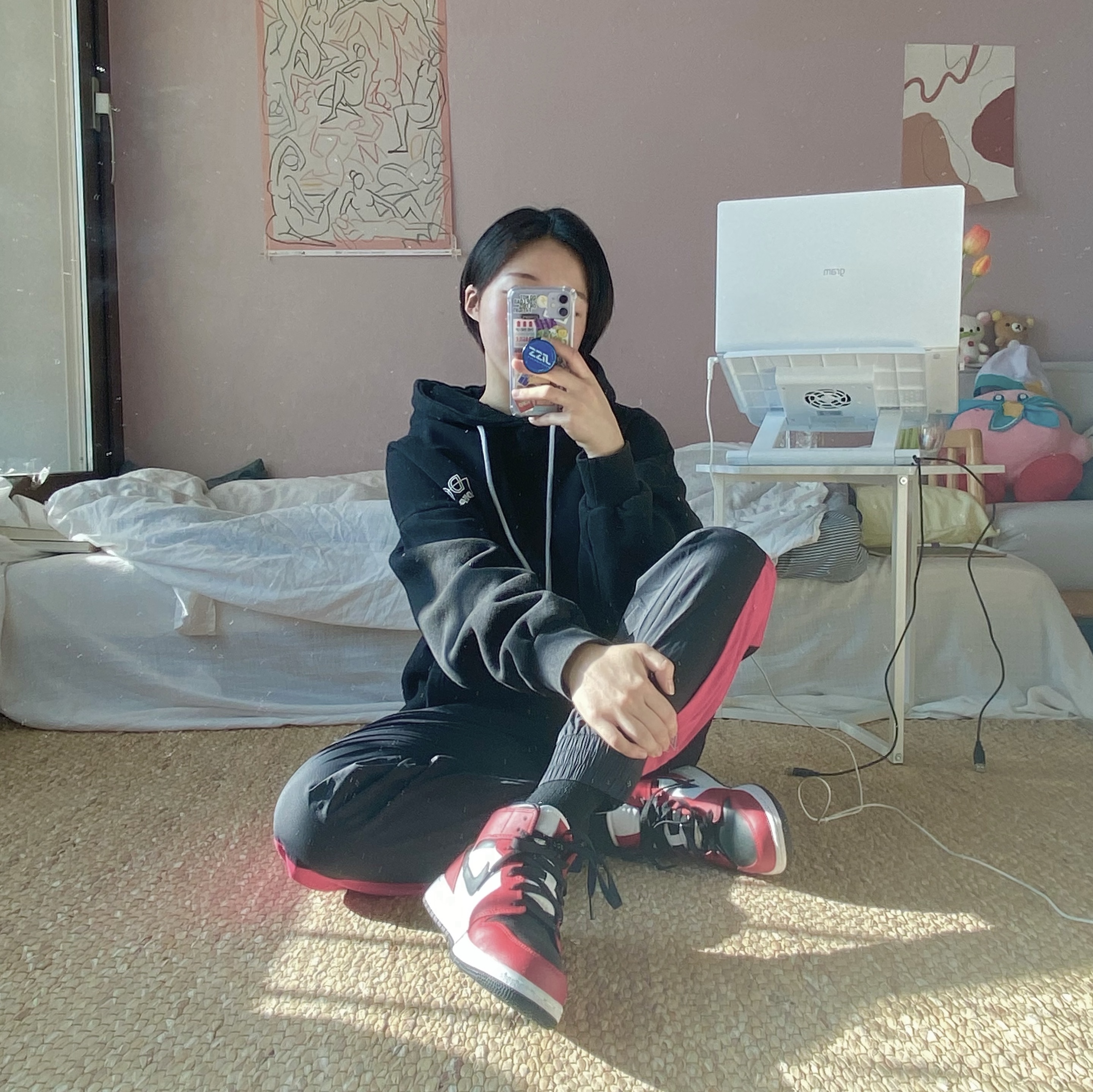 (GS) Jordan 1 Mid White Gym Red Black 착용 스타일