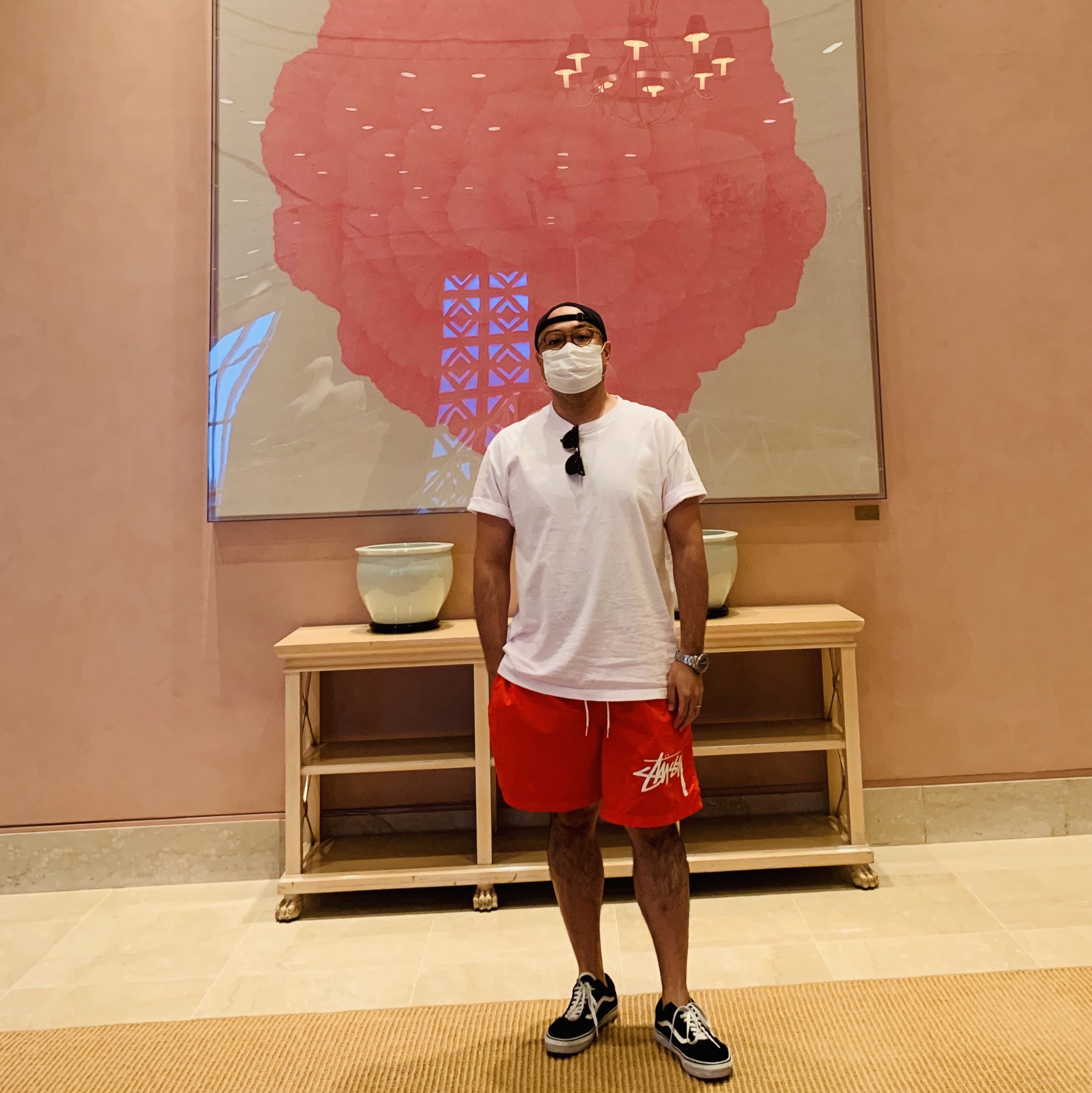 Nike x Stussy Water Shorts Habanero Red 착용 스타일