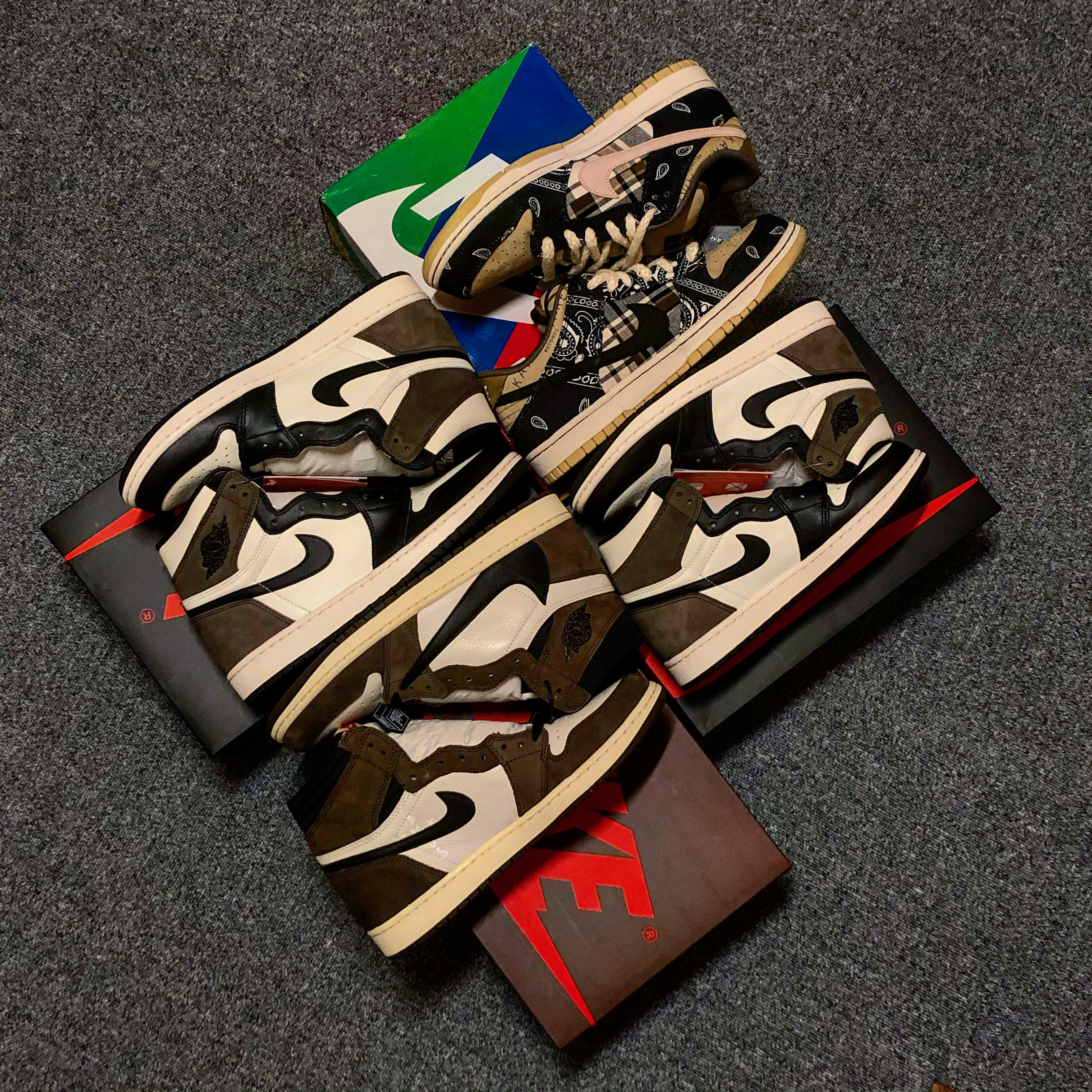Jordan 1 x Travis Scott Retro High OG SP Mocha, Nike x Travis Scott SB Dunk Low 착용 스타일