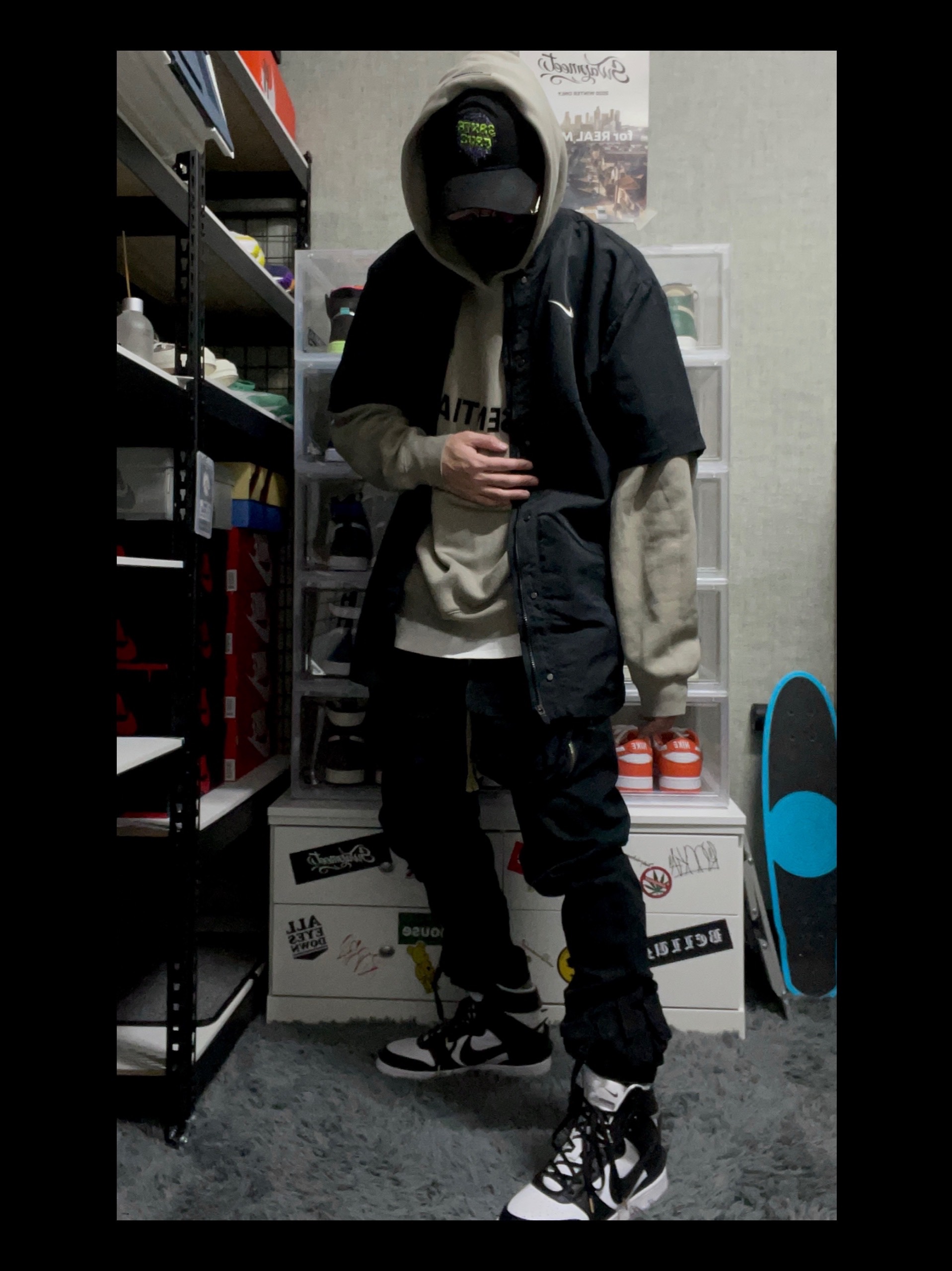 Nike x Fear of God Warm Up Top Off Noir, Nike x Ambush Dunk High Black 착용 스타일