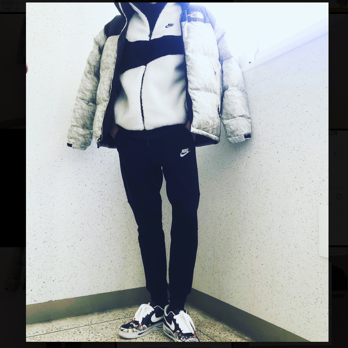 Nike x Peaceminusone Air Force 1 Low Para-Noise, Nike Big Swoosh Full Zip Jacket White Navy 착용 스타일