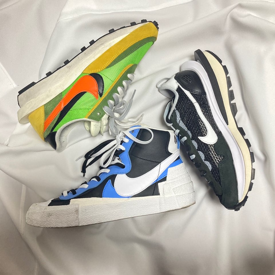 Nike x Sacai VaporWaffle Black White, Nike x Sacai Blazer Mid White Black Legend Blue 착용 스타일