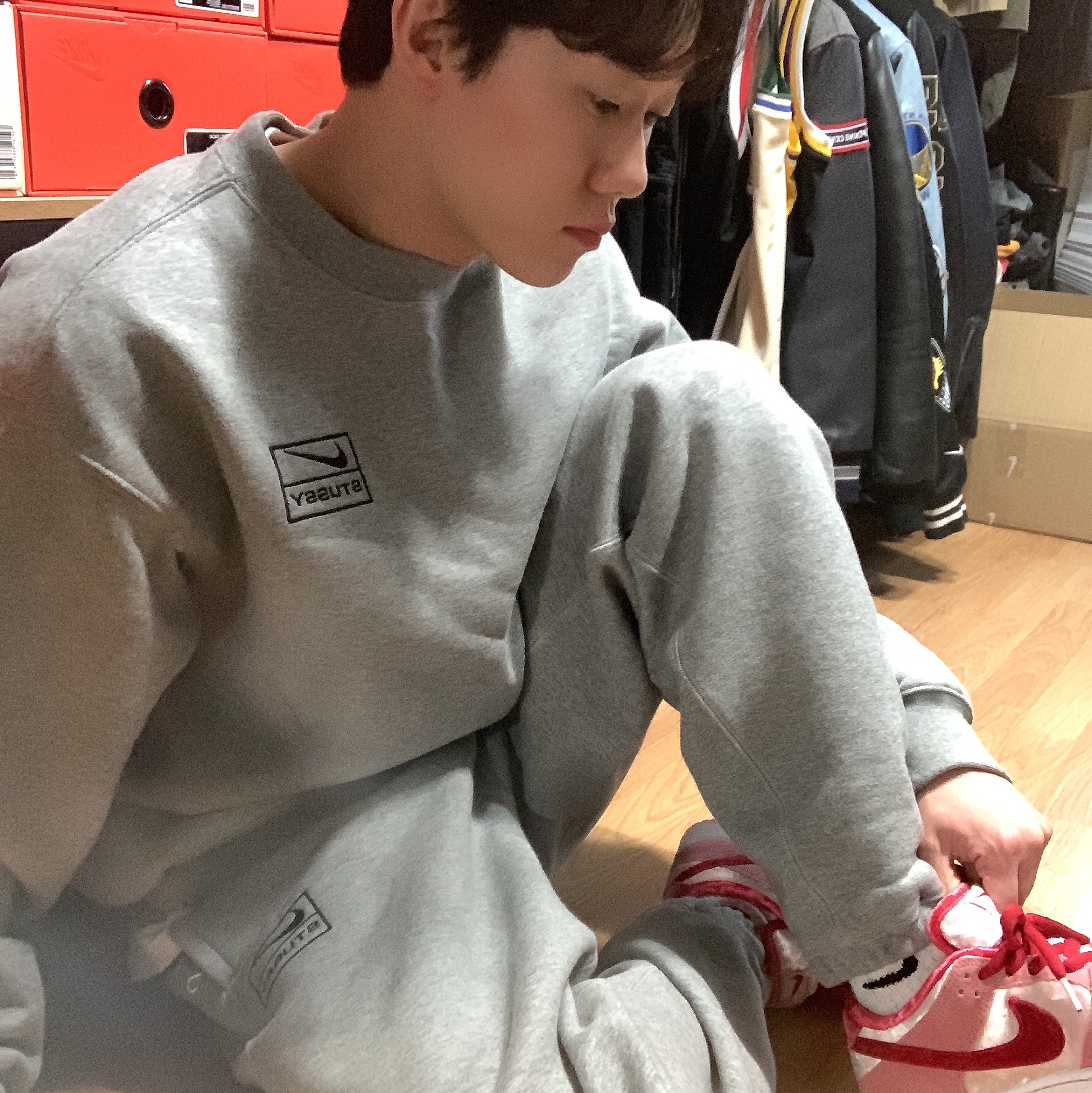 Nike x Stussy NRG BR Crew Fleece Grey, Nike x Stussy NRG BR Fleece Pants Grey 착용 스타일