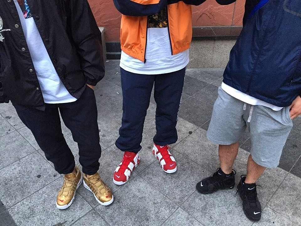 Nike x Supreme Air More Uptempo Suptempo Gold, Nike x Supreme Air More Uptempo Suptempo Red 착용 스타일