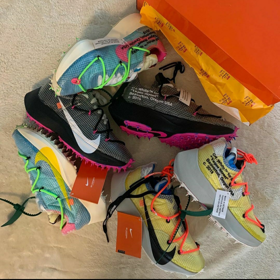 (W) Nike x Off-White Vapor Street Tour Yellow, (W) Nike x Off-White Vapor Street Black Laser Fuchsia 착용 스타일