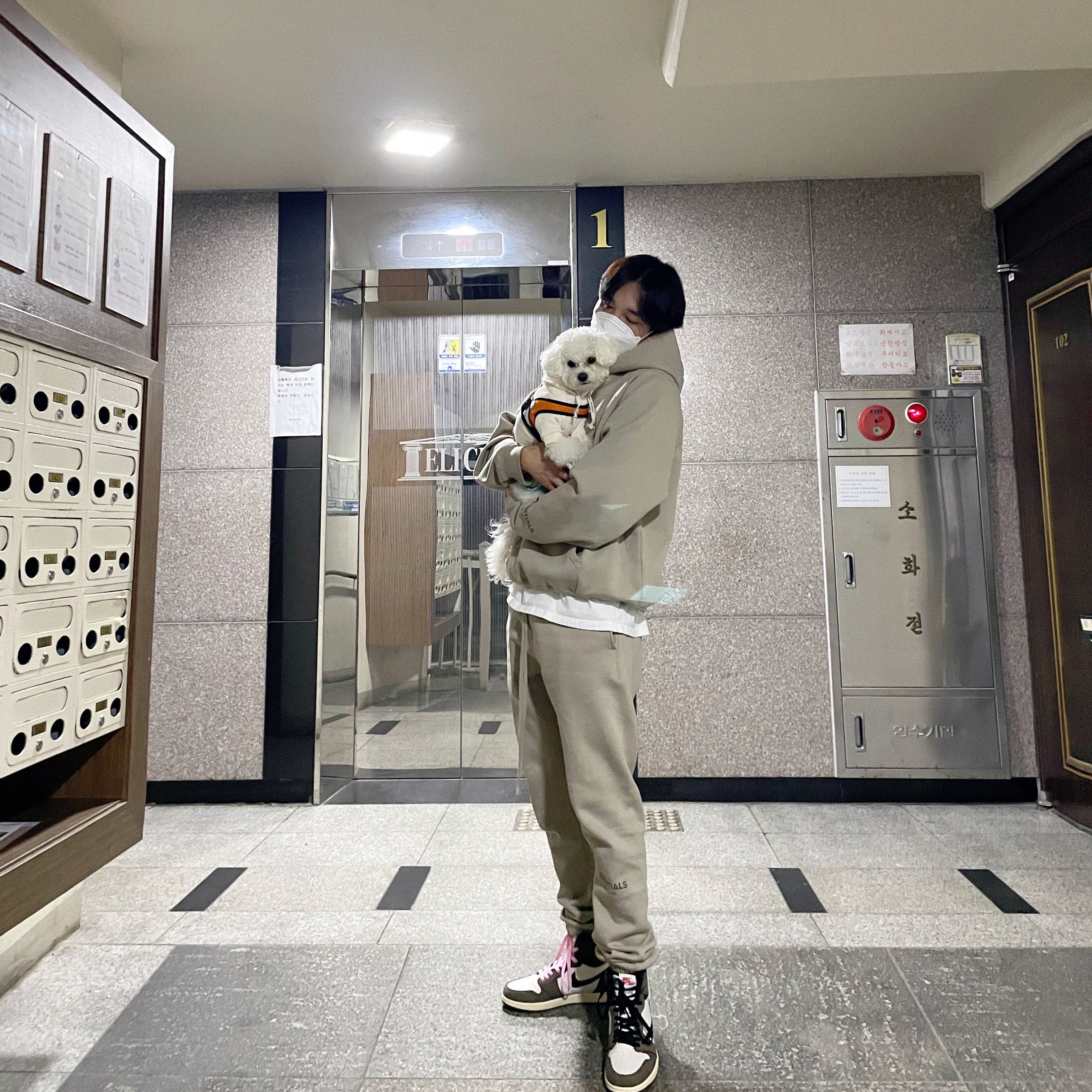 Jordan 1 x Travis Scott Retro High OG SP Mocha, Essentials Sweatpants String Tan - 20SS 착용 스타일 - 1