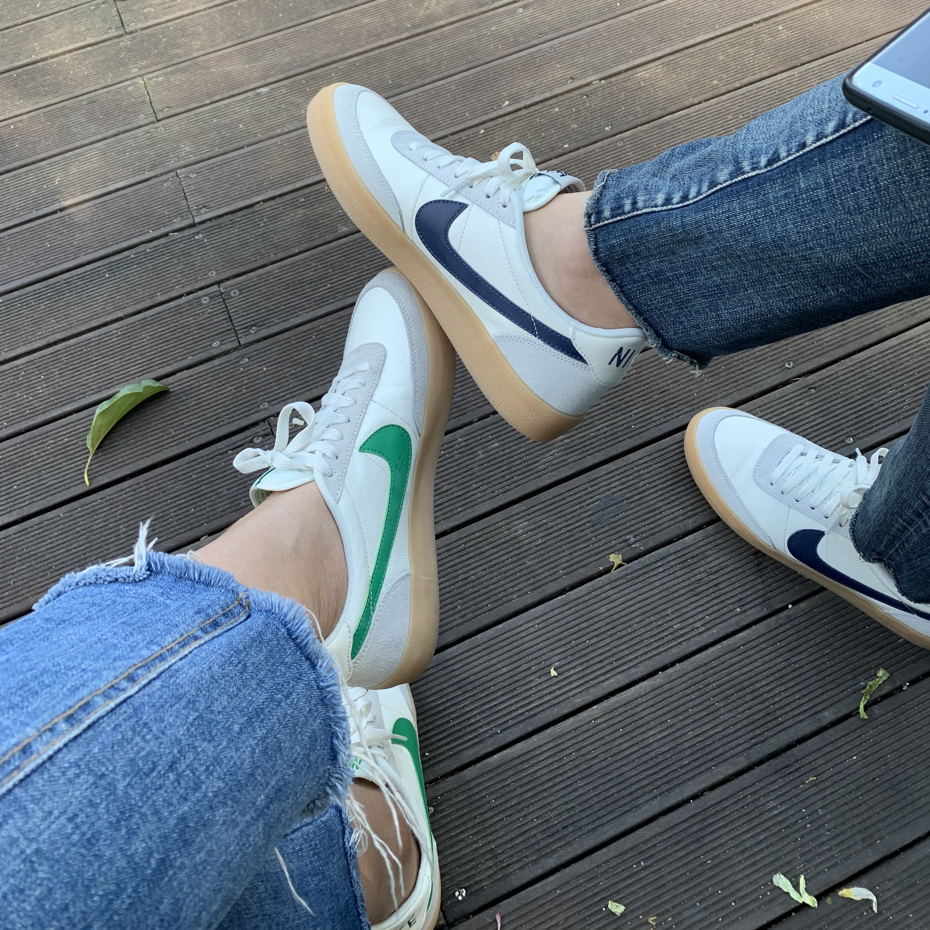 Nike x J.Crew Killshot 2 Sail Midnight Navy, Nike x J.Crew Killshot 2 Lucid Green 착용 스타일